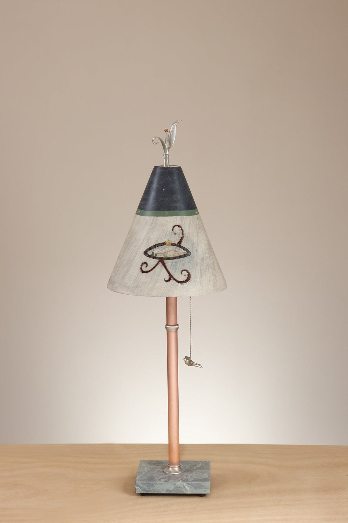 Janna Ugone &amp; Co Table Lamp Copper Table Lamp with Small Conical Ceramic Shade in Journal Drawings in Indigo