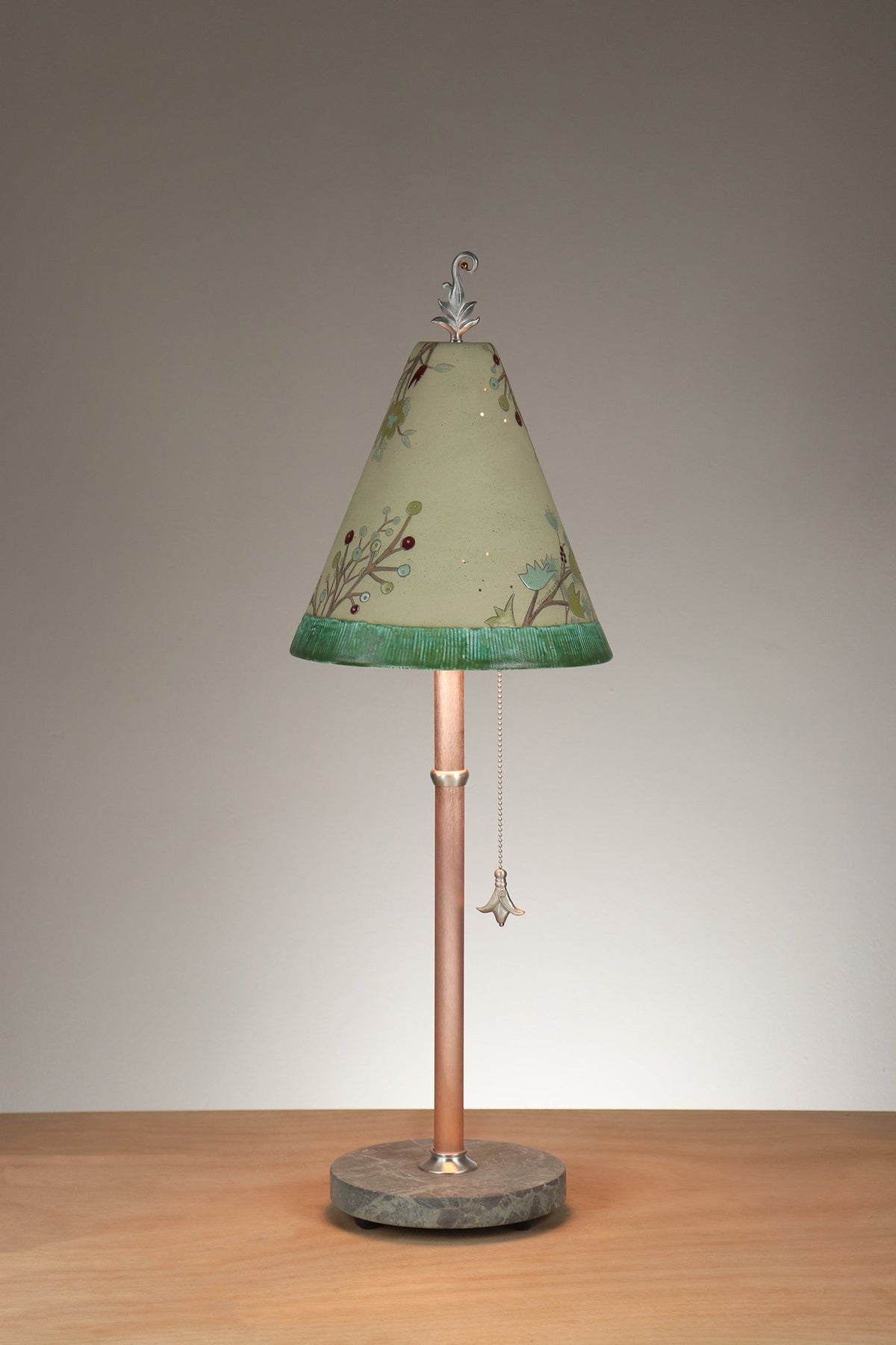 Janna Ugone &amp; Co Table Lamp Copper Table Lamp with Small Conical Ceramic Shade in Leaf Portrait in Aqua Marine