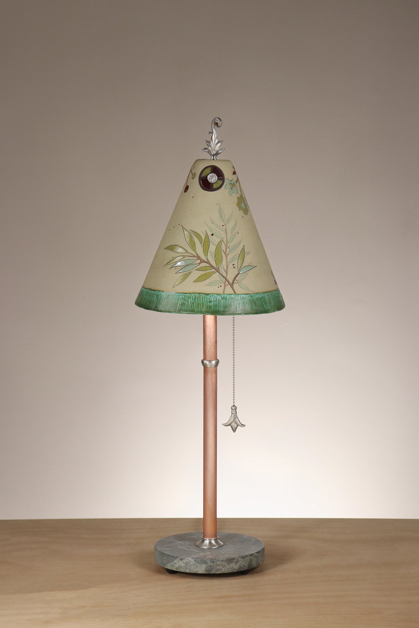 Janna Ugone & Co Table Lamp Copper Table Lamp with Small Conical Ceramic Shade in Leaf Portrait in Aqua Marine