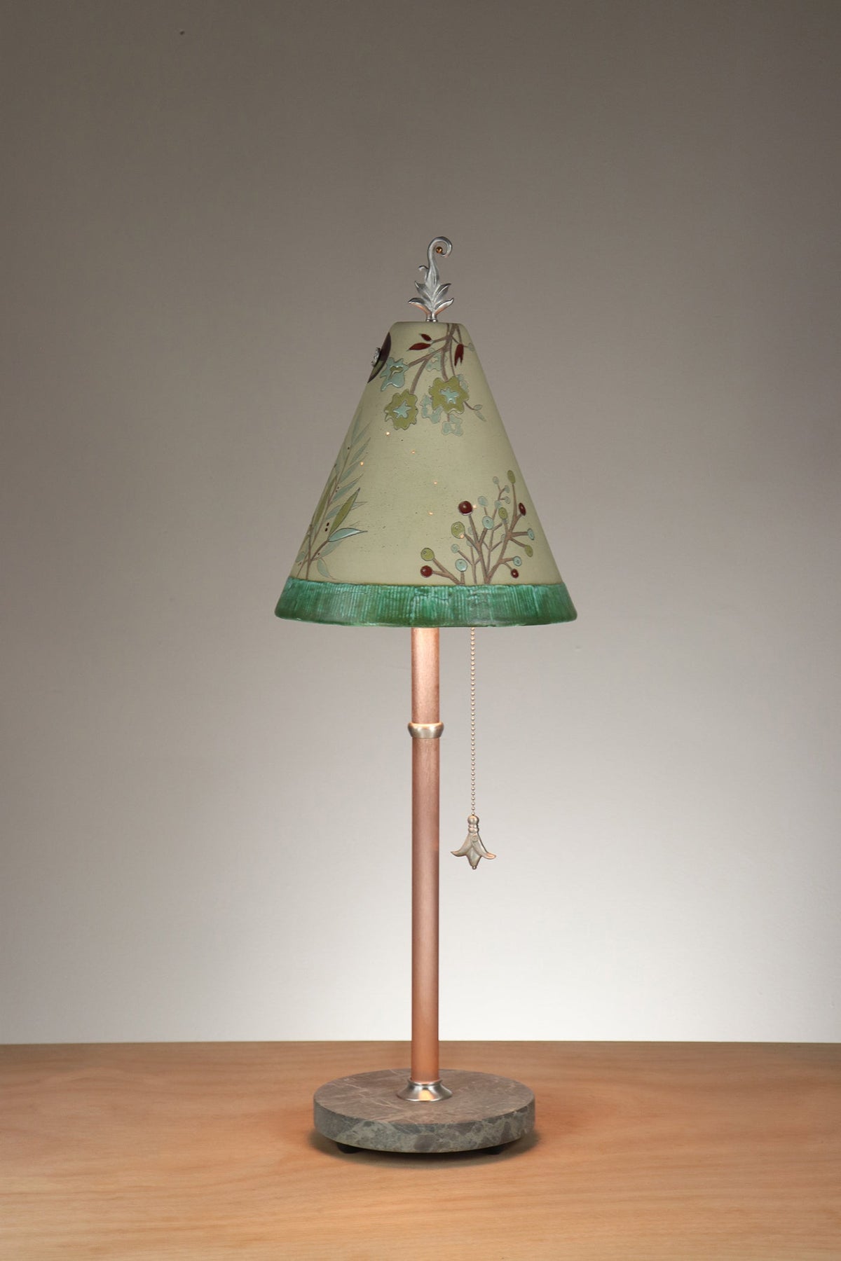Janna Ugone &amp; Co Table Lamp Copper Table Lamp with Small Conical Ceramic Shade in Leaf Portrait in Aqua Marine