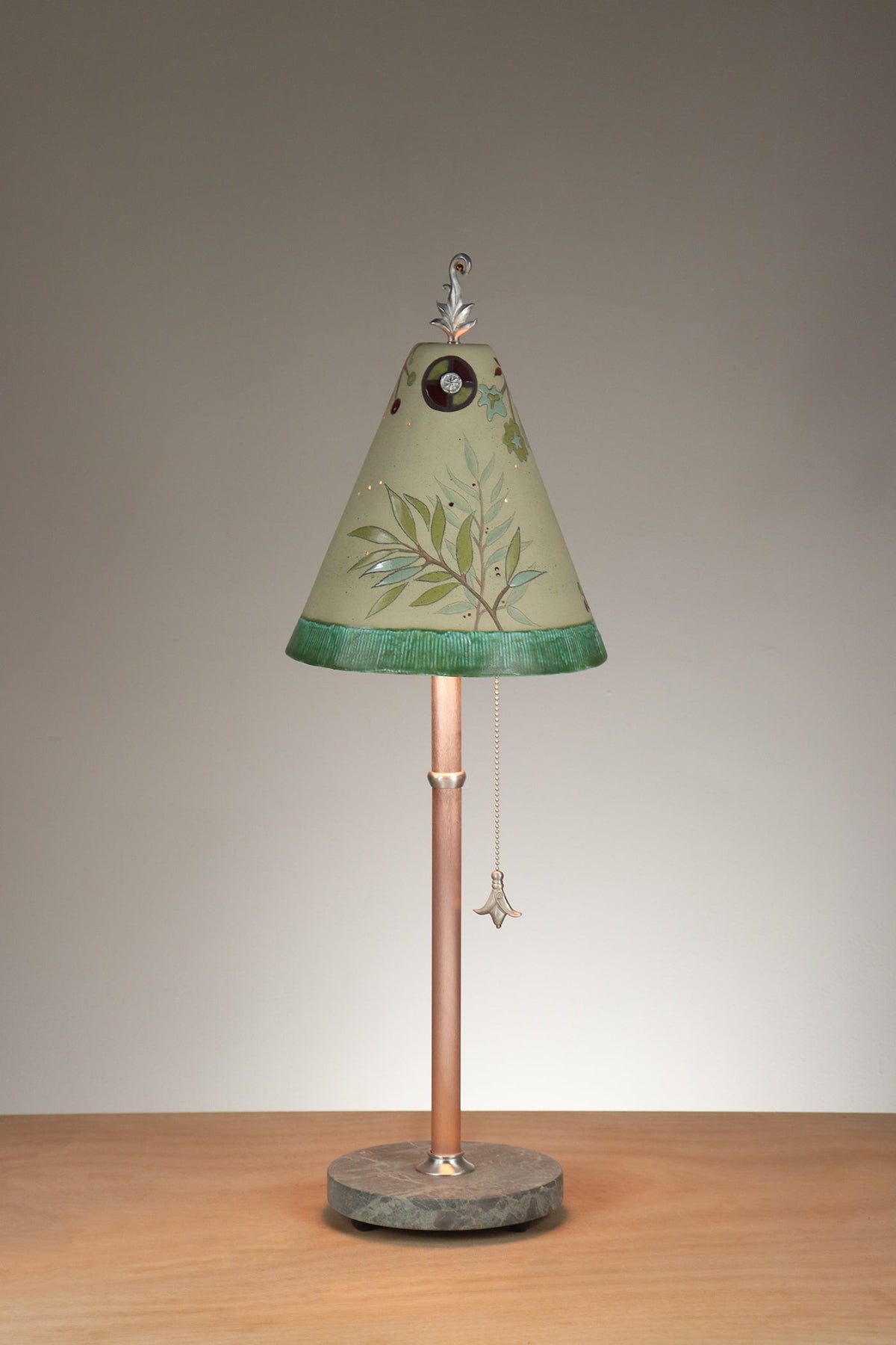 Janna Ugone &amp; Co Table Lamp Copper Table Lamp with Small Conical Ceramic Shade in Leaf Portrait in Aqua Marine