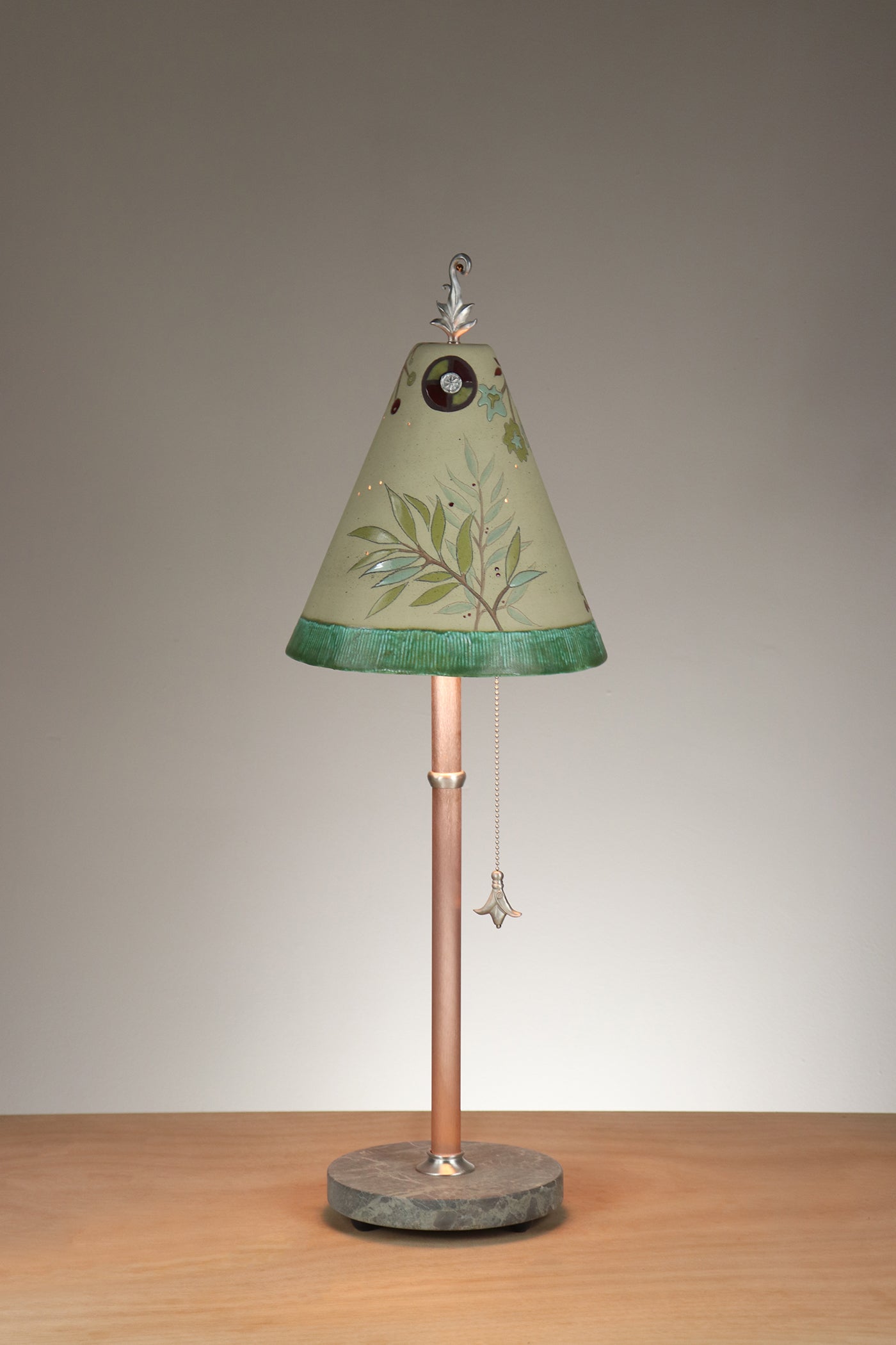 Janna Ugone & Co Table Lamp Copper Table Lamp with Small Conical Ceramic Shade in Leaf Portrait in Aqua Marine