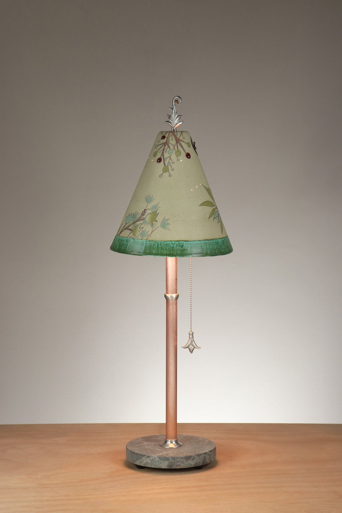 Janna Ugone &amp; Co Table Lamp Copper Table Lamp with Small Conical Ceramic Shade in Leaf Portrait in Aqua Marine