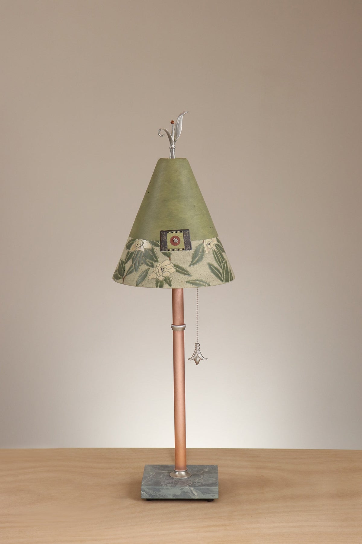 Janna Ugone &amp; Co Table Lamp Copper Table Lamp with Small Conical Ceramic Shade in Magnolia in Dusty Lime