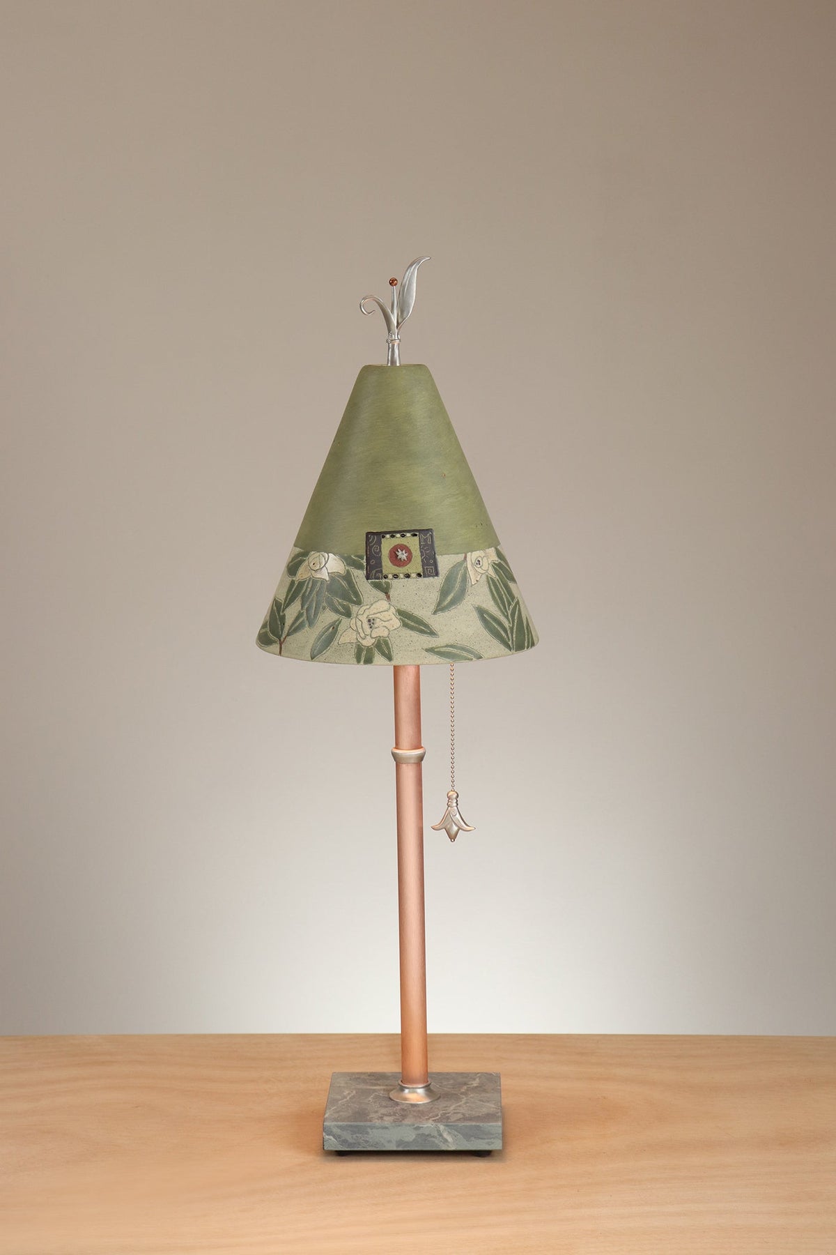 Janna Ugone &amp; Co Table Lamp Copper Table Lamp with Small Conical Ceramic Shade in Magnolia in Dusty Lime