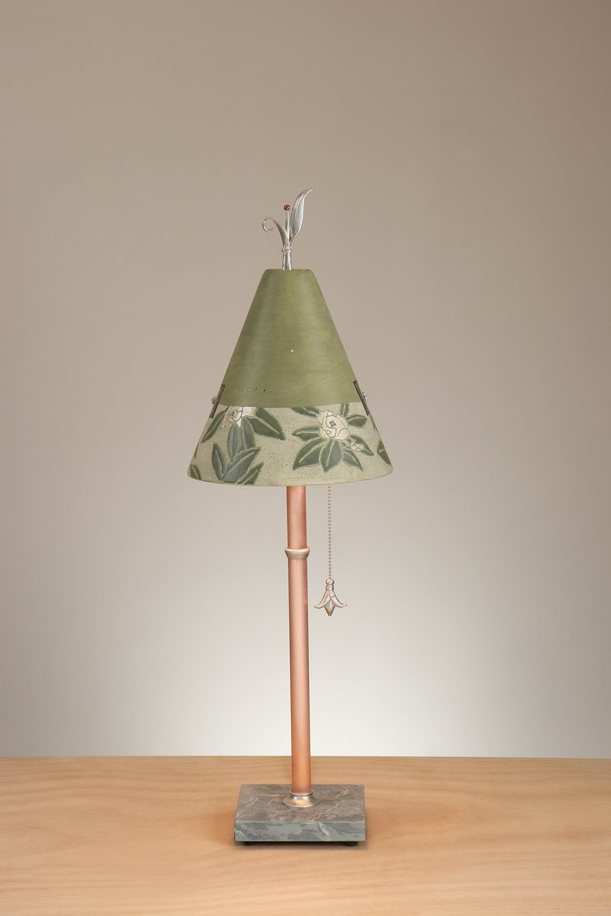 Janna Ugone &amp; Co Table Lamp Copper Table Lamp with Small Conical Ceramic Shade in Magnolia in Dusty Lime