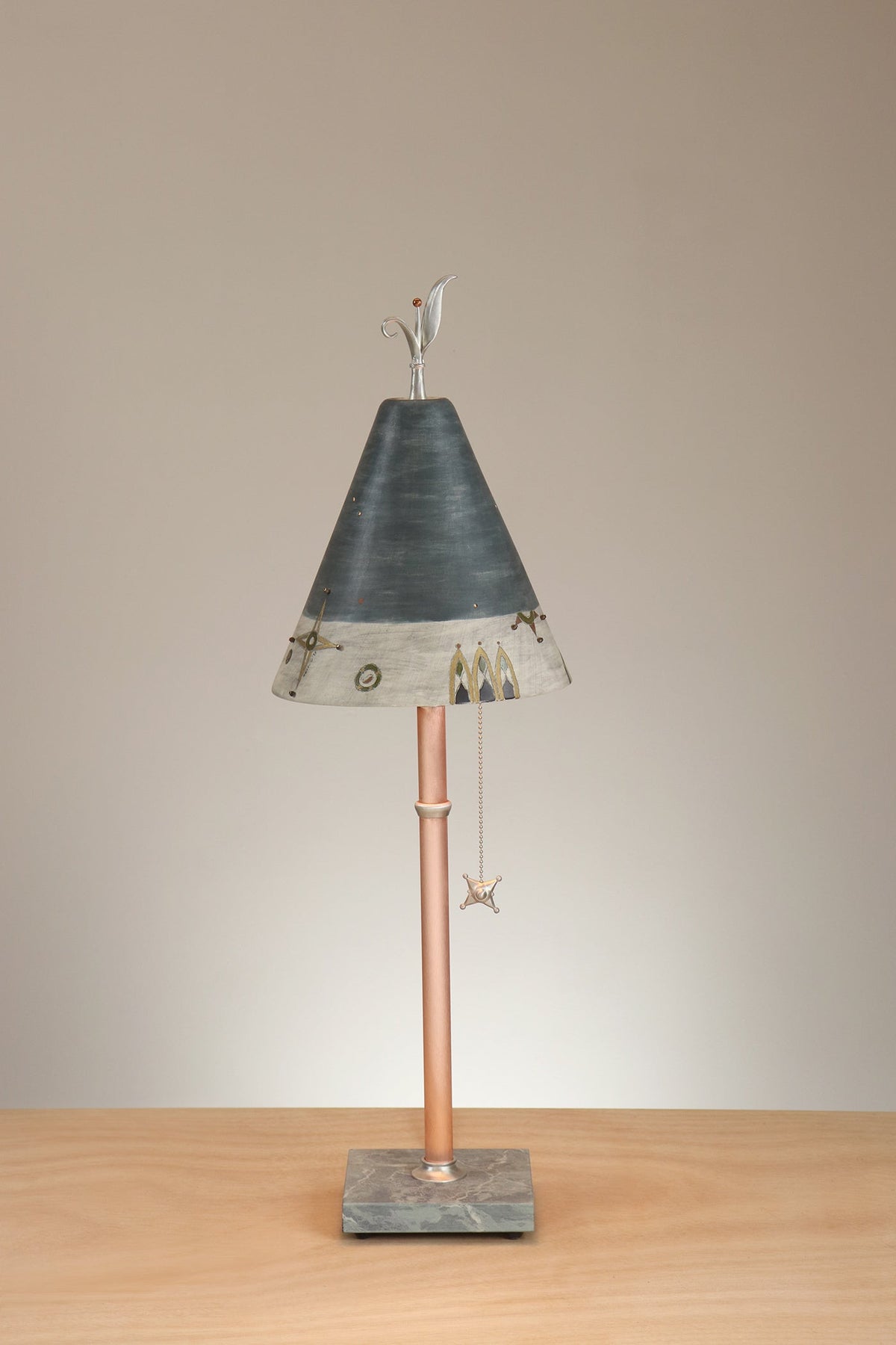 Janna Ugone &amp; Co Table Lamp Copper Table Lamp with Small Conical Ceramic Shade in Medallion Border in Navy