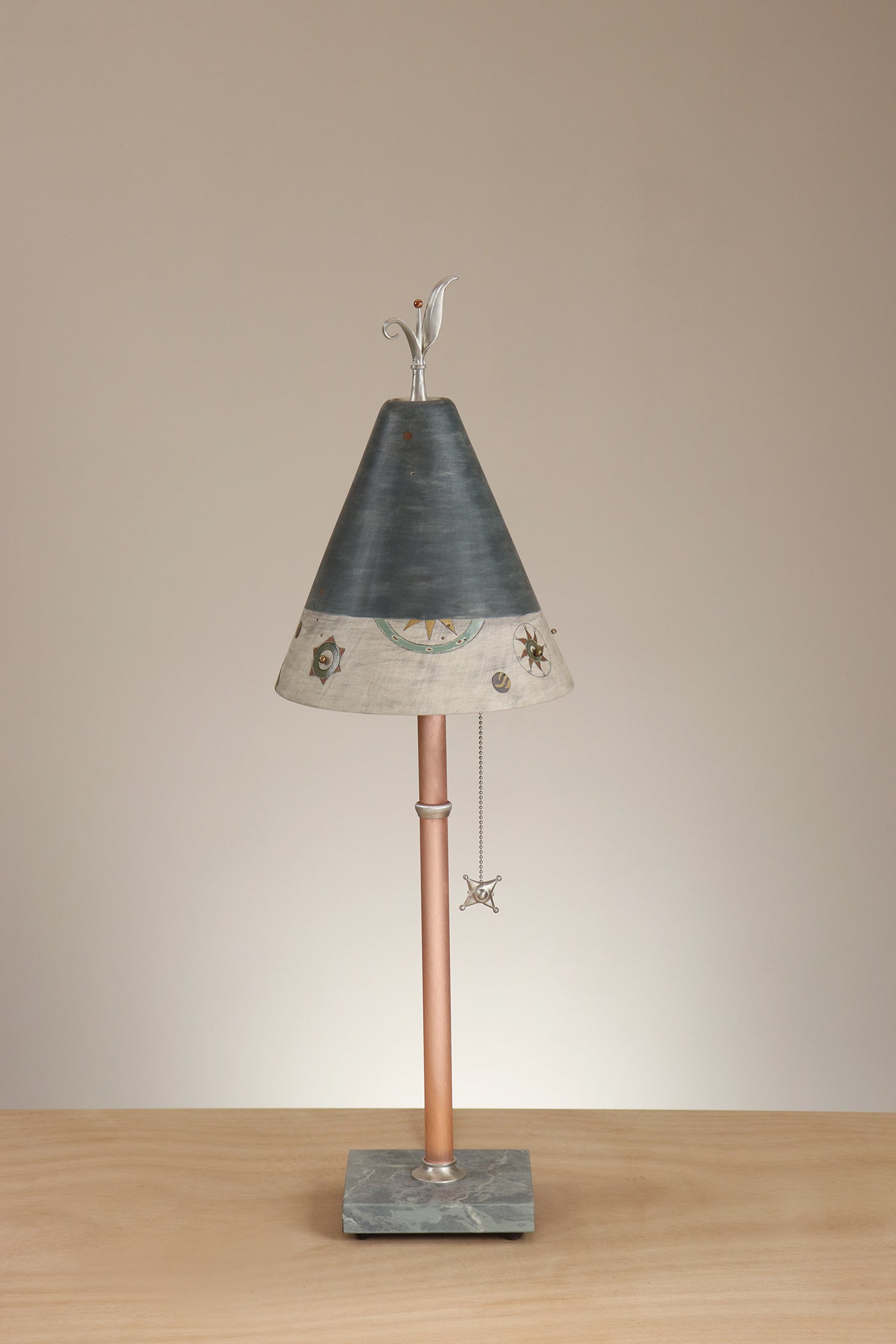 Janna Ugone & Co Table Lamp Copper Table Lamp with Small Conical Ceramic Shade in Medallion Border in Navy