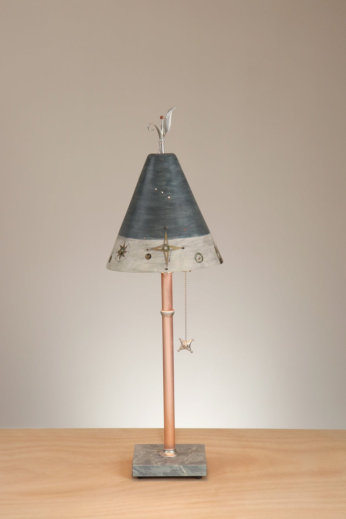 Janna Ugone &amp; Co Table Lamp Copper Table Lamp with Small Conical Ceramic Shade in Medallion Border in Navy