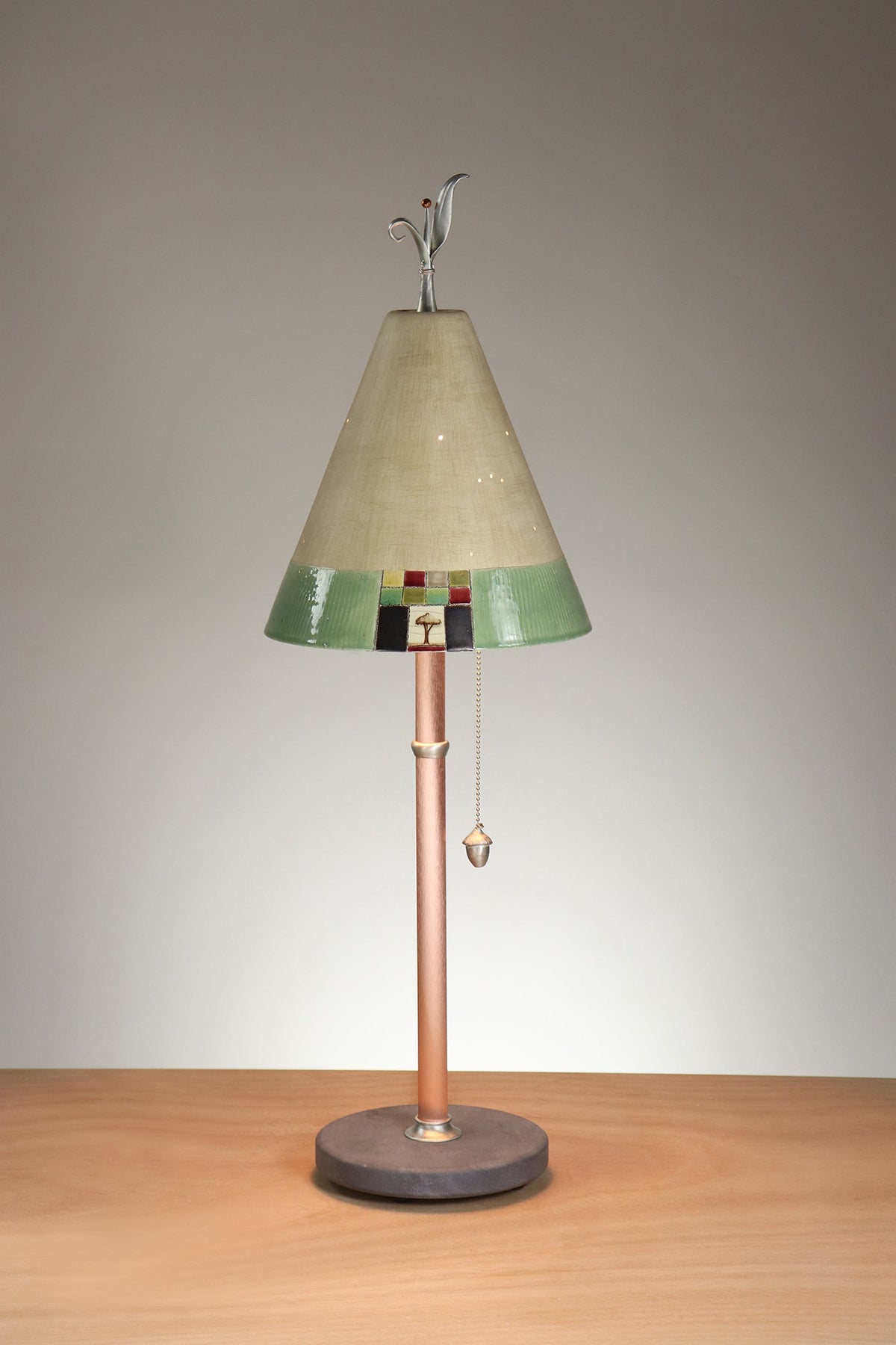 Janna Ugone &amp; Co Table Lamp Copper Table Lamp with Small Conical Ceramic Shade in Mosaic Tree in Ecru