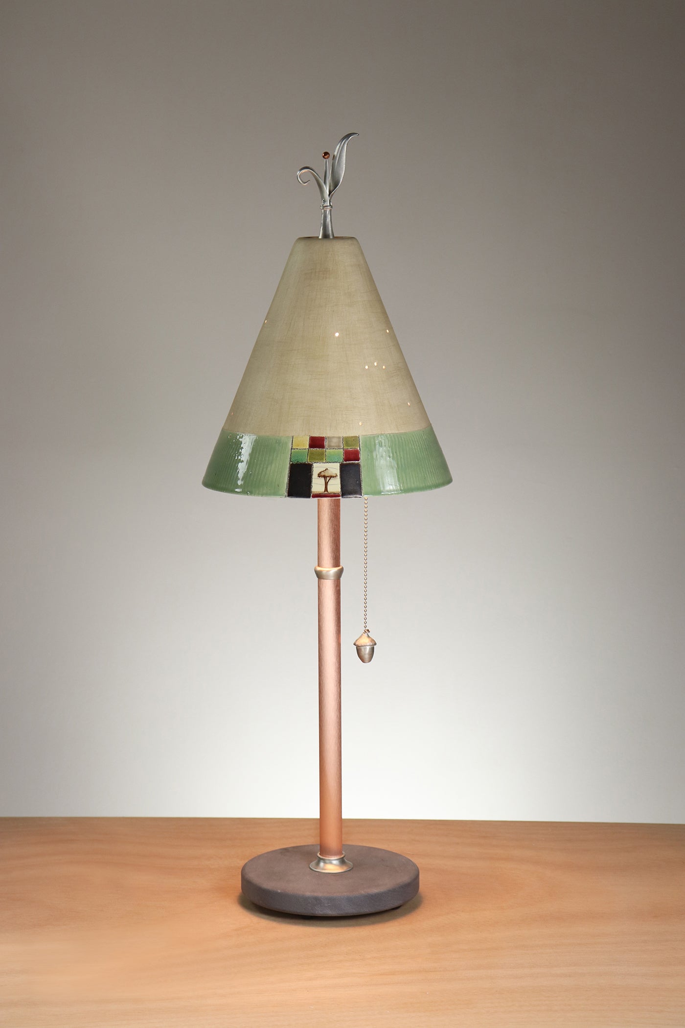 Janna Ugone & Co Table Lamp Copper Table Lamp with Small Conical Ceramic Shade in Mosaic Tree in Ecru