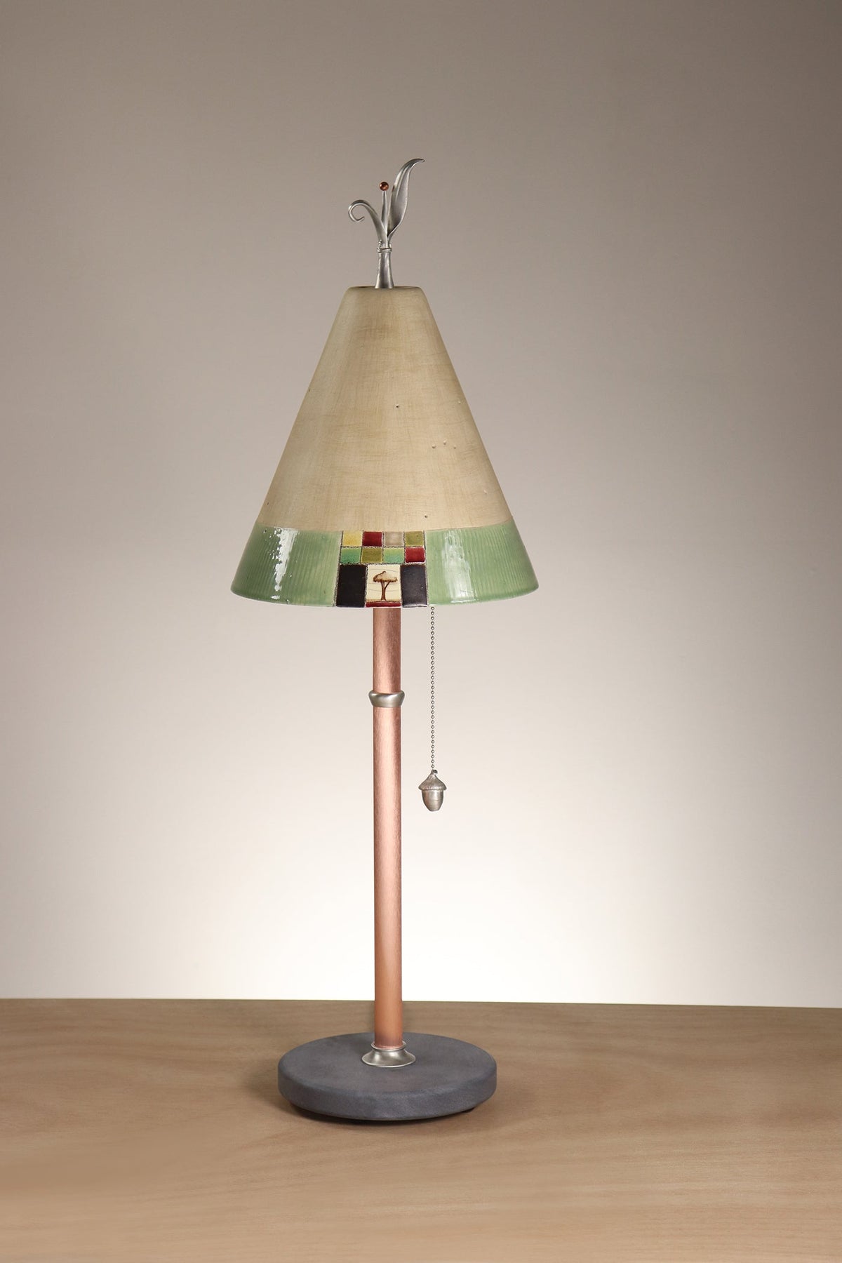 Janna Ugone &amp; Co Table Lamp Copper Table Lamp with Small Conical Ceramic Shade in Mosaic Tree in Ecru