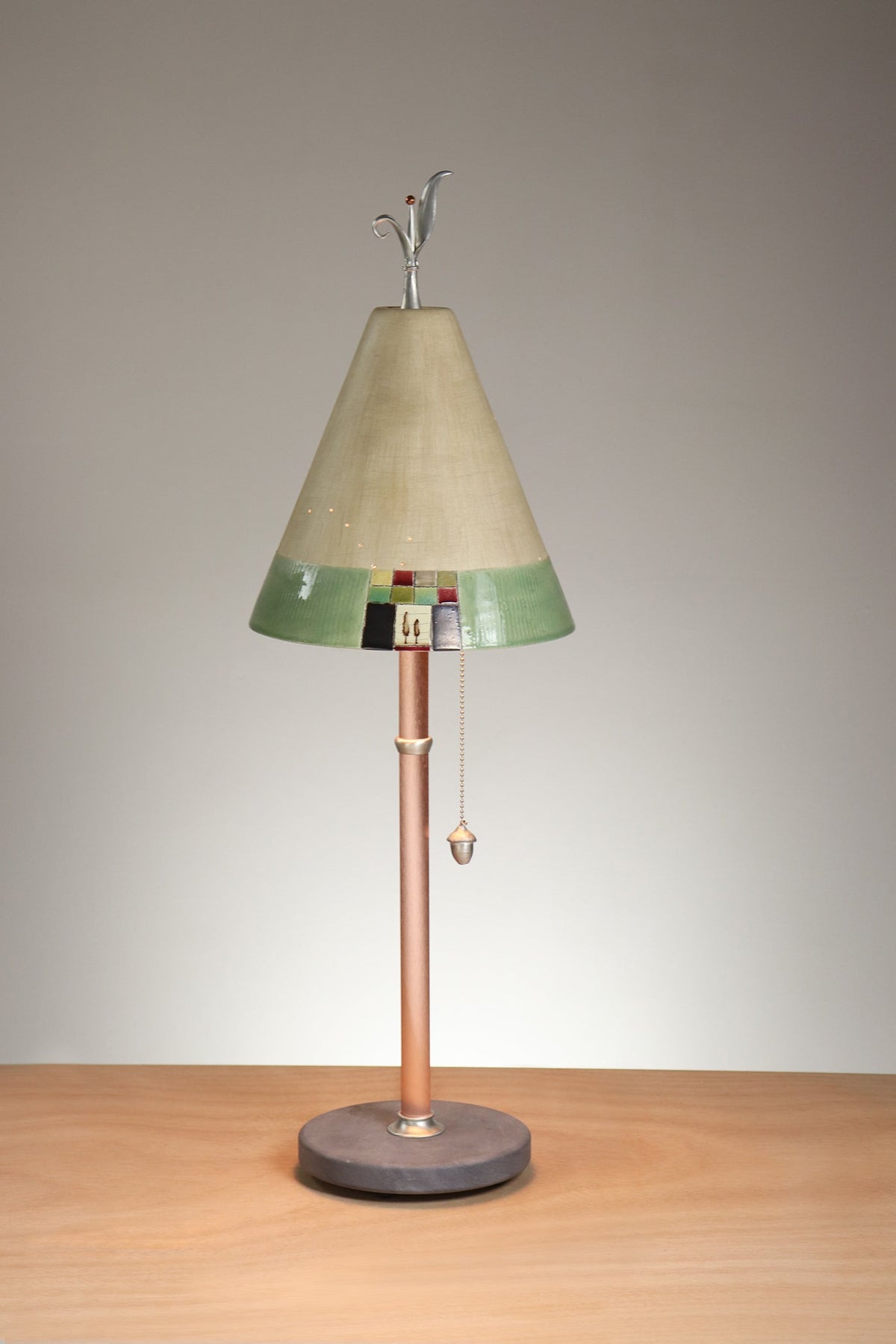 Janna Ugone &amp; Co Table Lamp Copper Table Lamp with Small Conical Ceramic Shade in Mosaic Tree in Ecru