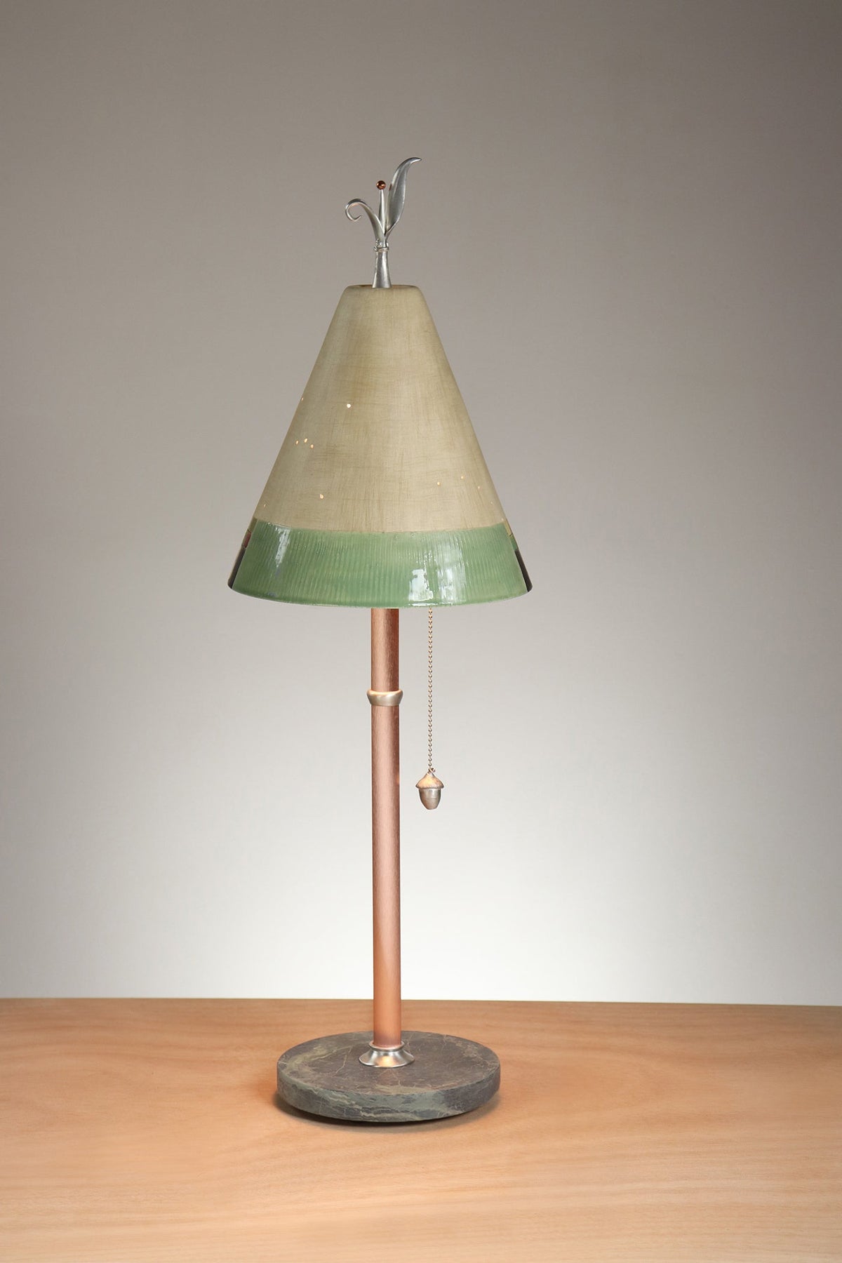 Janna Ugone &amp; Co Table Lamp Copper Table Lamp with Small Conical Ceramic Shade in Mosaic Tree in Ecru