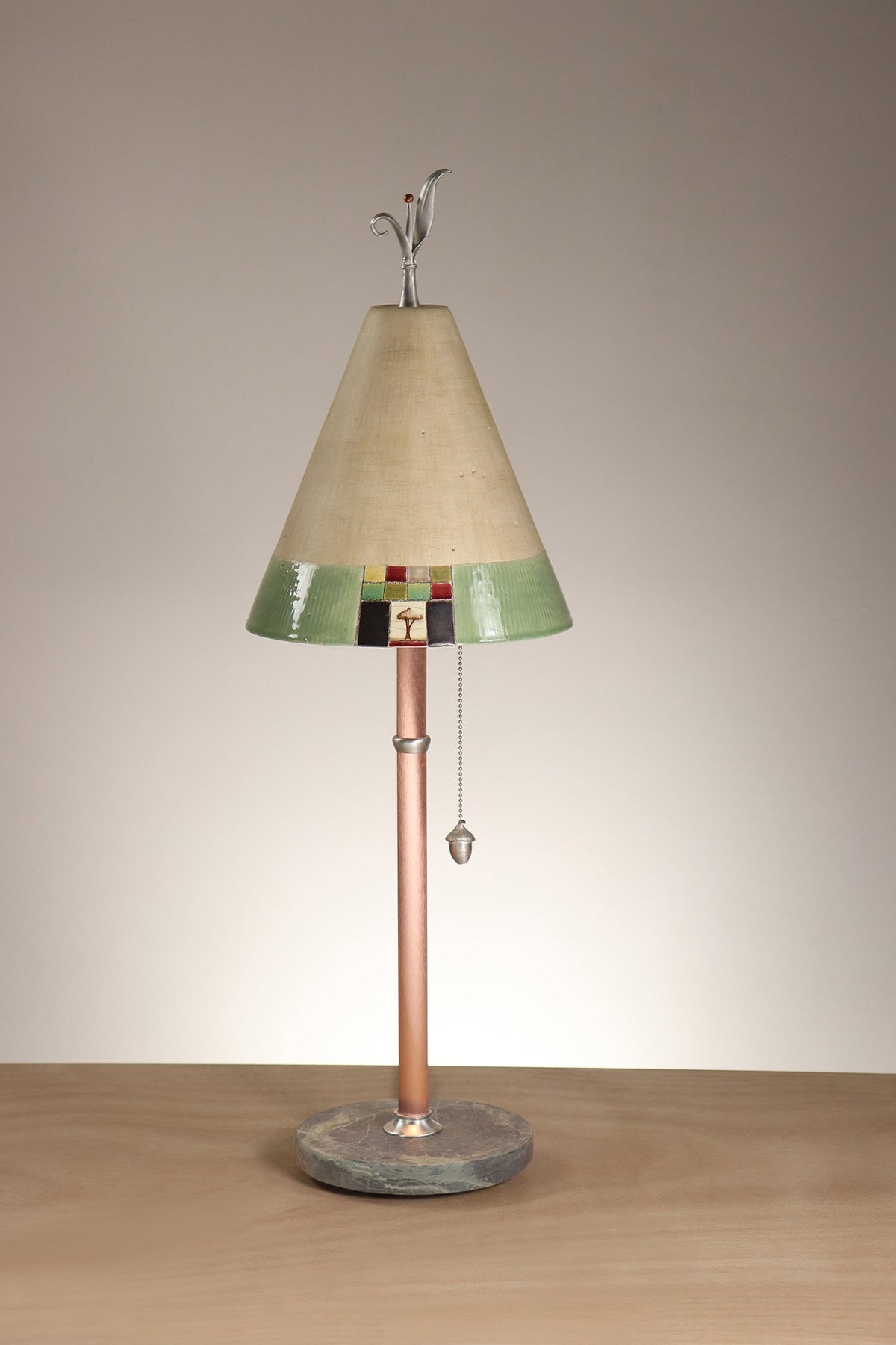 Janna Ugone &amp; Co Table Lamp Copper Table Lamp with Small Conical Ceramic Shade in Mosaic Tree in Ecru