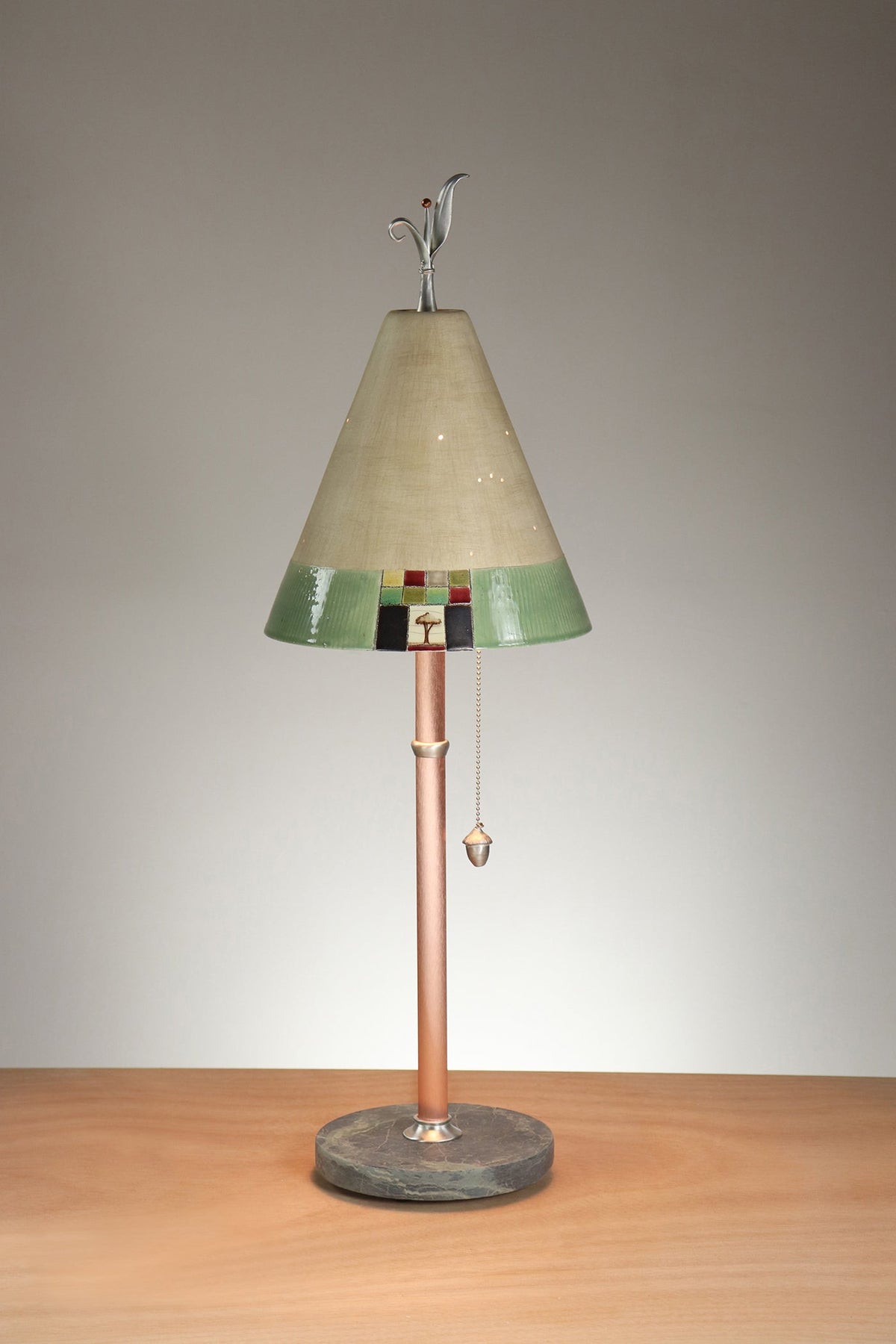 Janna Ugone &amp; Co Table Lamp Copper Table Lamp with Small Conical Ceramic Shade in Mosaic Tree in Ecru