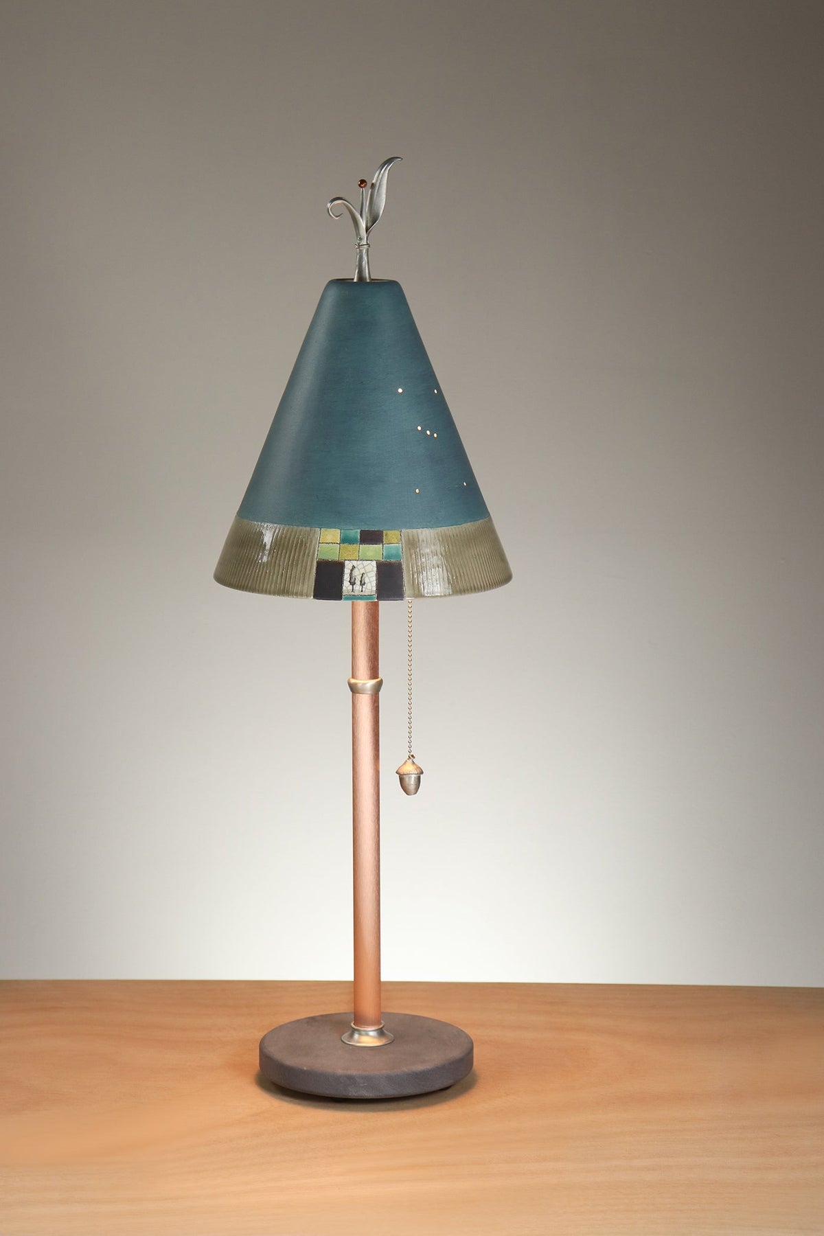 Janna Ugone &amp; Co Table Lamp Copper Table Lamp with Small Conical Ceramic Shade in Mosaic Tree in Teal