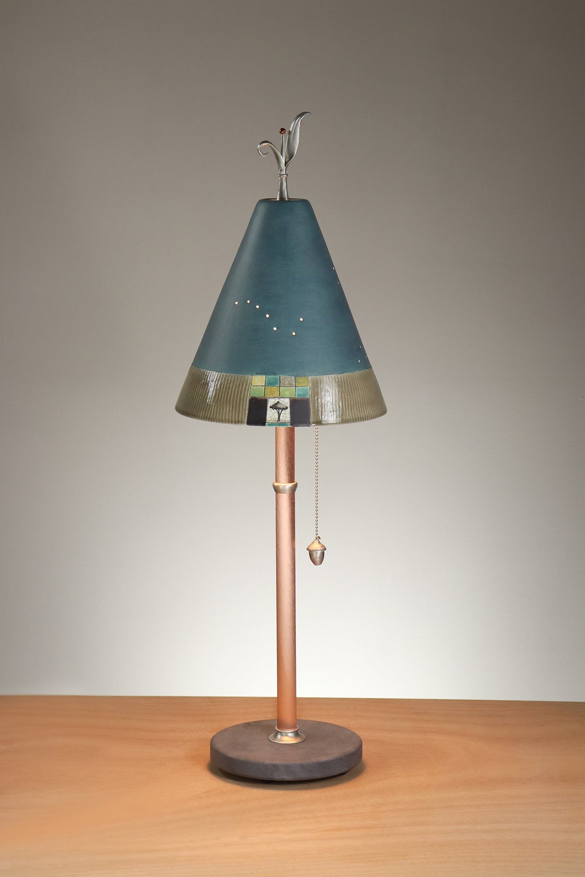 Janna Ugone &amp; Co Table Lamp Copper Table Lamp with Small Conical Ceramic Shade in Mosaic Tree in Teal