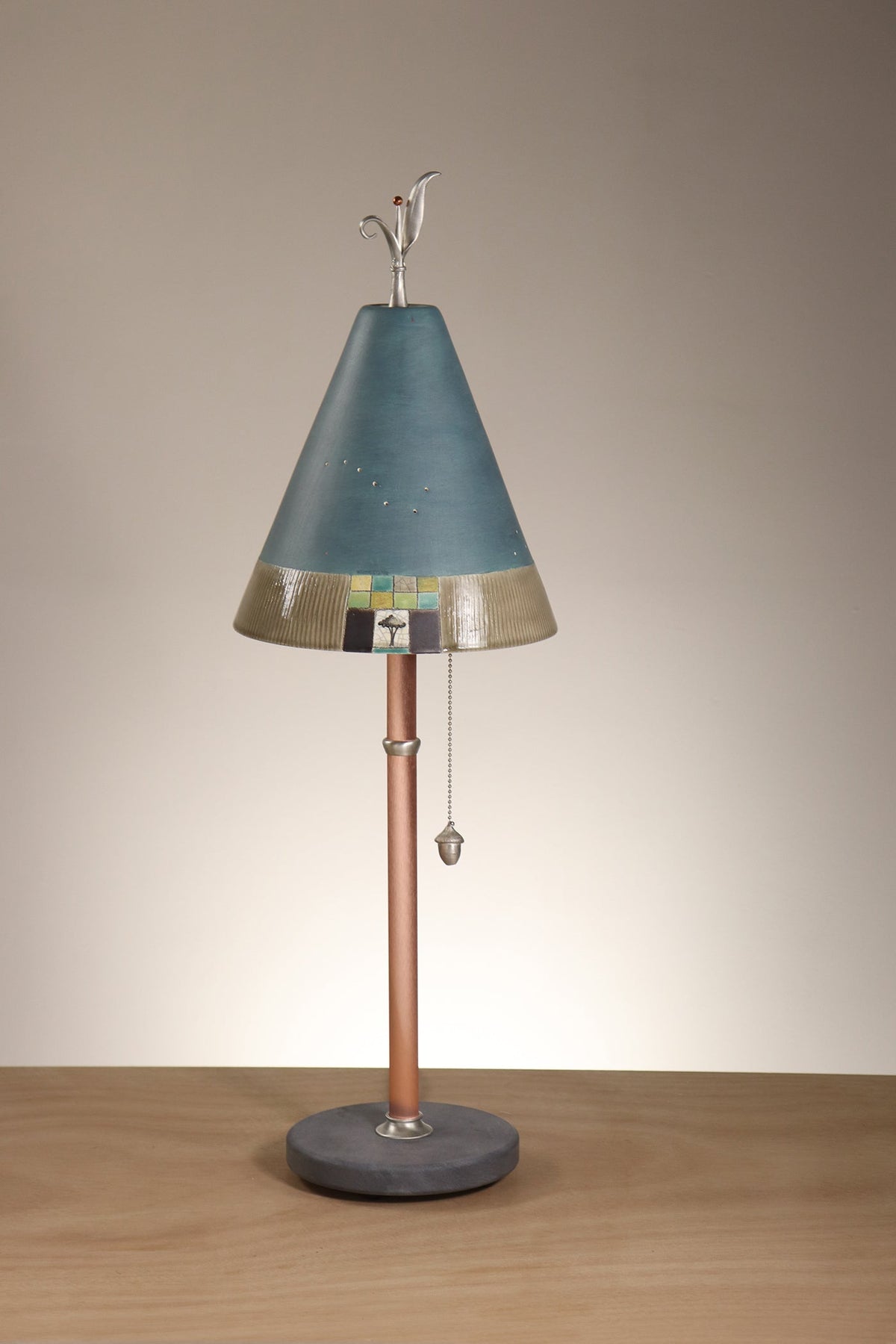 Janna Ugone &amp; Co Table Lamp Copper Table Lamp with Small Conical Ceramic Shade in Mosaic Tree in Teal