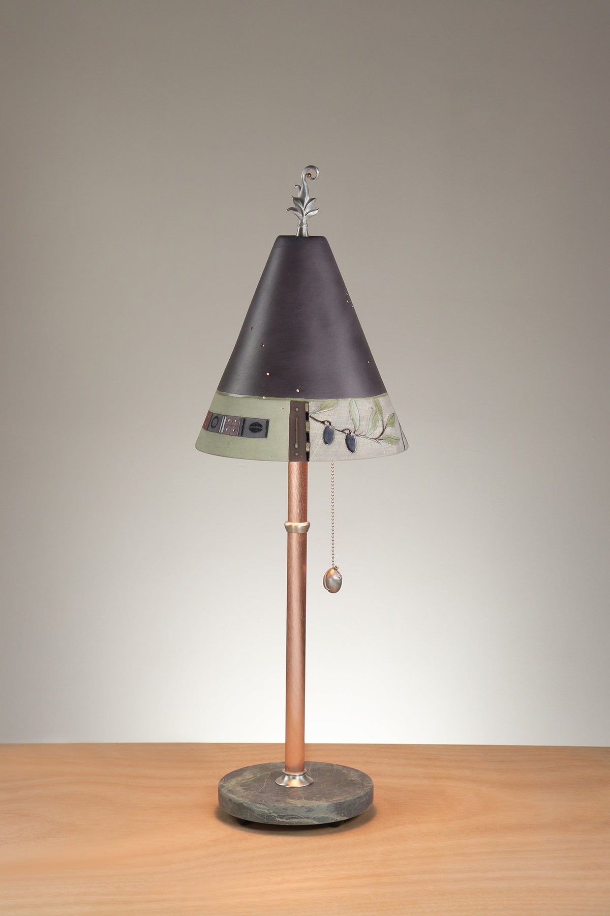 Janna Ugone &amp; Co Table Lamp Copper Table Lamp with Small Conical Ceramic Shade in Narrow Collage in Grape