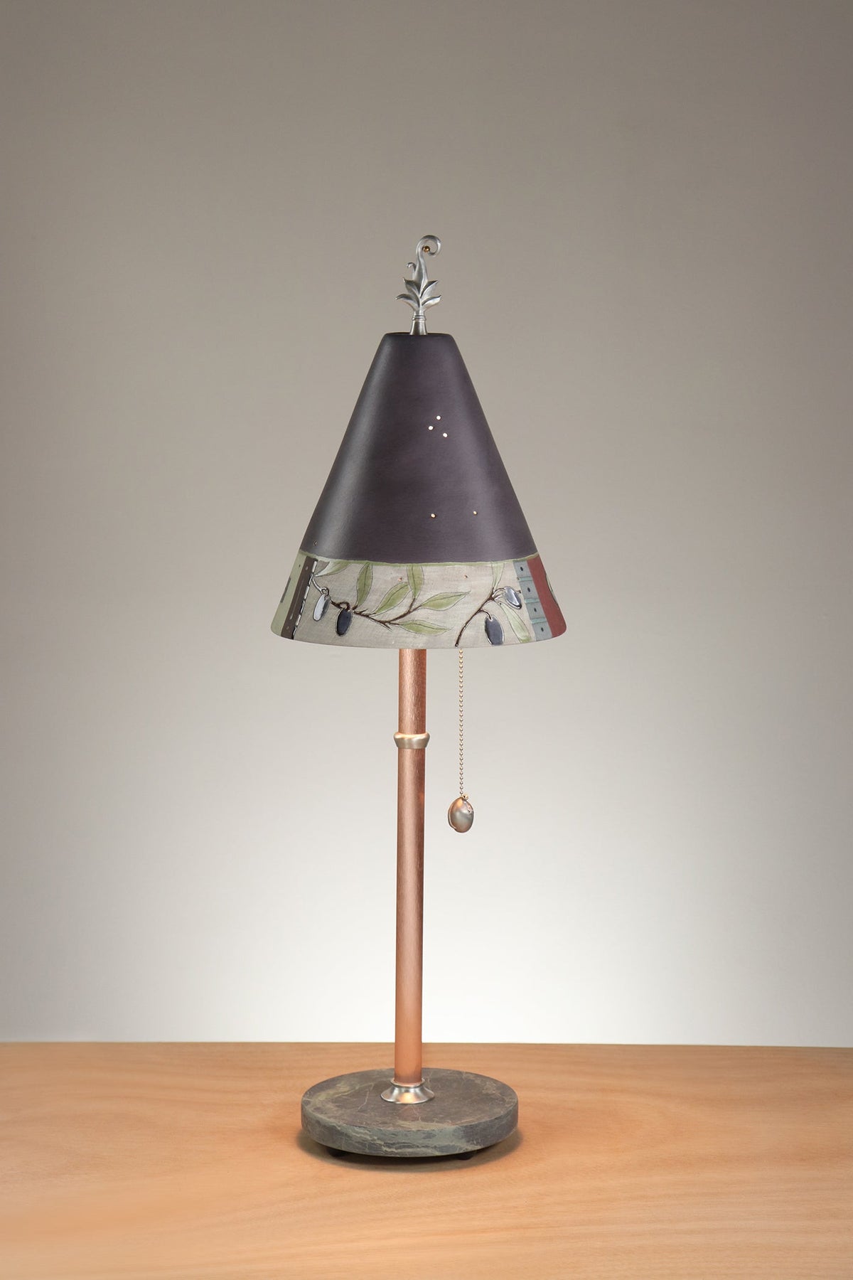 Janna Ugone &amp; Co Table Lamp Copper Table Lamp with Small Conical Ceramic Shade in Narrow Collage in Grape