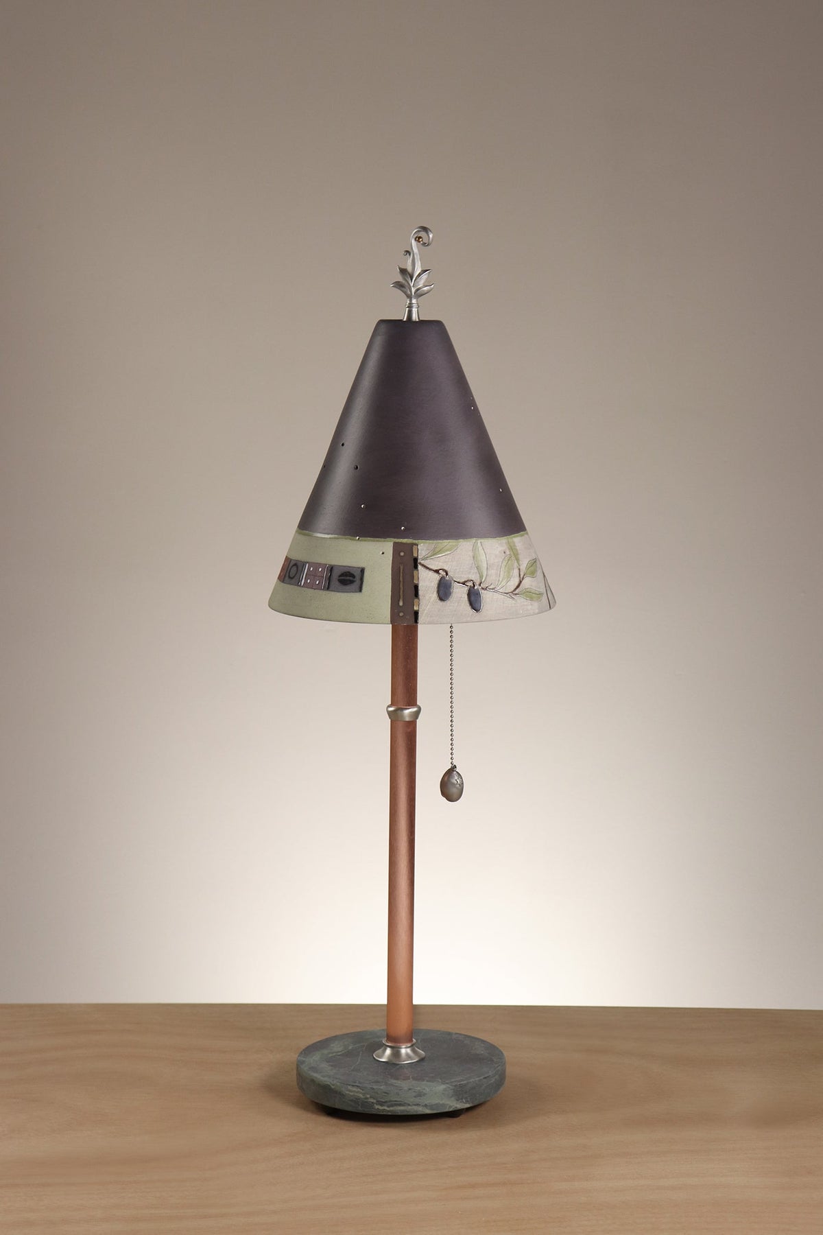 Janna Ugone &amp; Co Table Lamp Copper Table Lamp with Small Conical Ceramic Shade in Narrow Collage in Grape