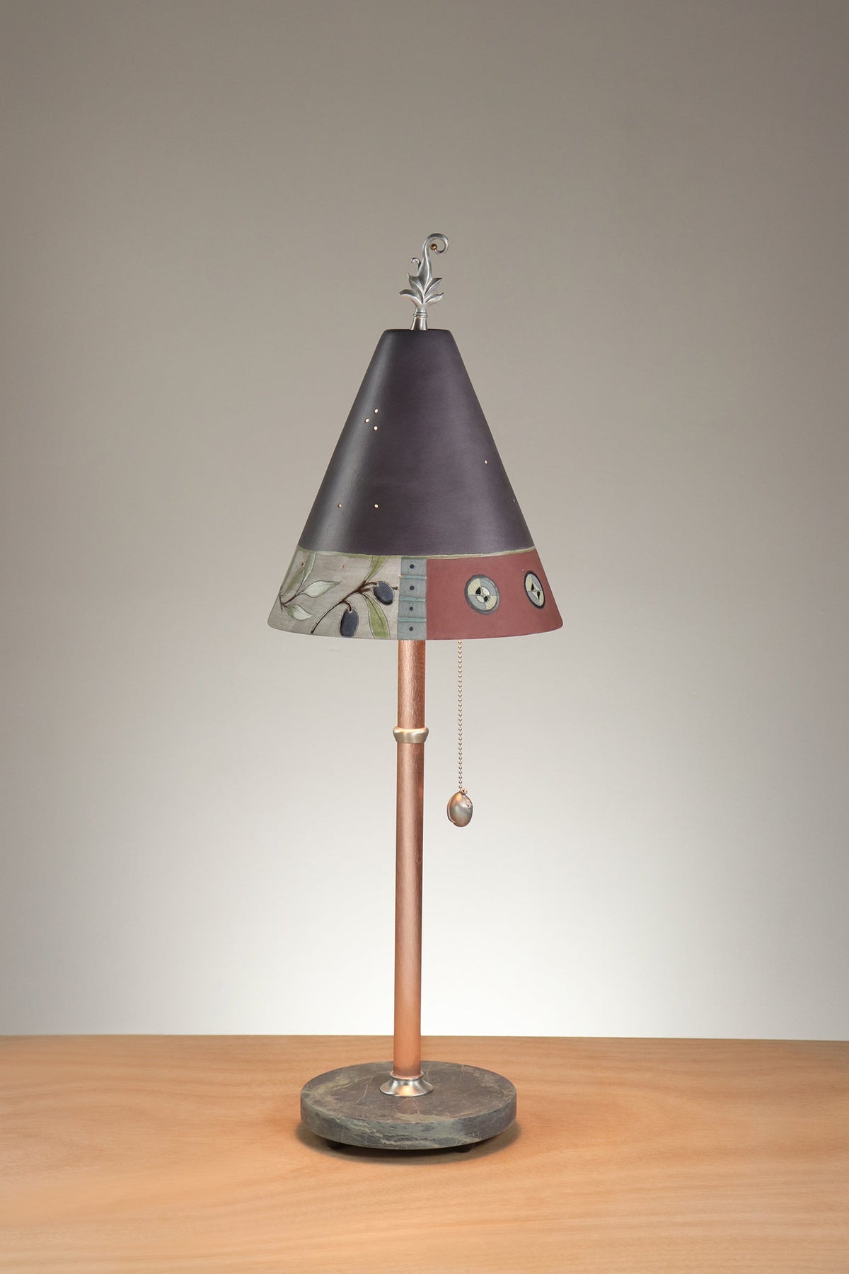 Janna Ugone &amp; Co Table Lamp Copper Table Lamp with Small Conical Ceramic Shade in Narrow Collage in Grape