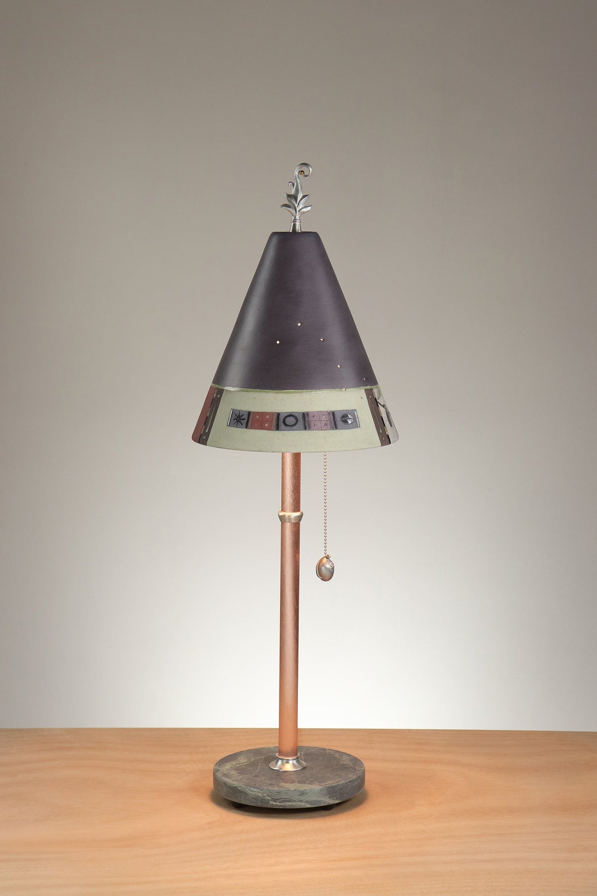 Janna Ugone &amp; Co Table Lamp Copper Table Lamp with Small Conical Ceramic Shade in Narrow Collage in Grape