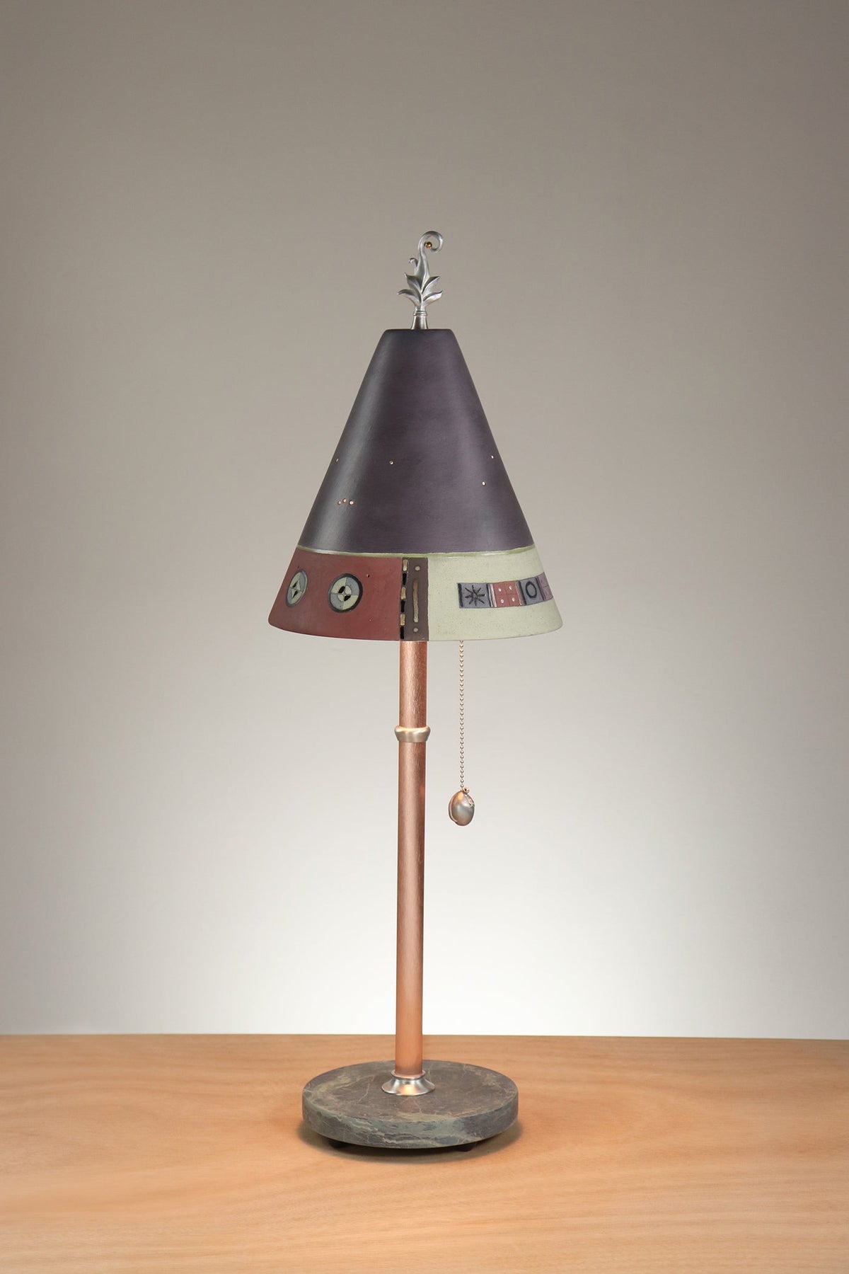 Janna Ugone &amp; Co Table Lamp Copper Table Lamp with Small Conical Ceramic Shade in Narrow Collage in Grape