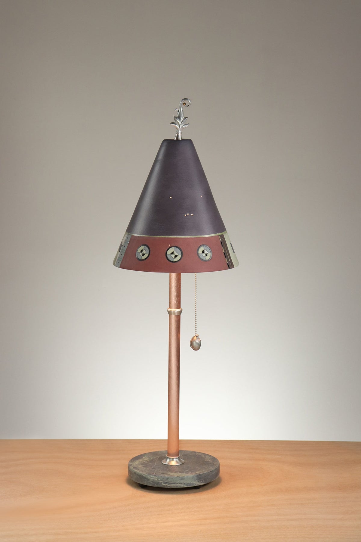 Janna Ugone &amp; Co Table Lamp Copper Table Lamp with Small Conical Ceramic Shade in Narrow Collage in Grape