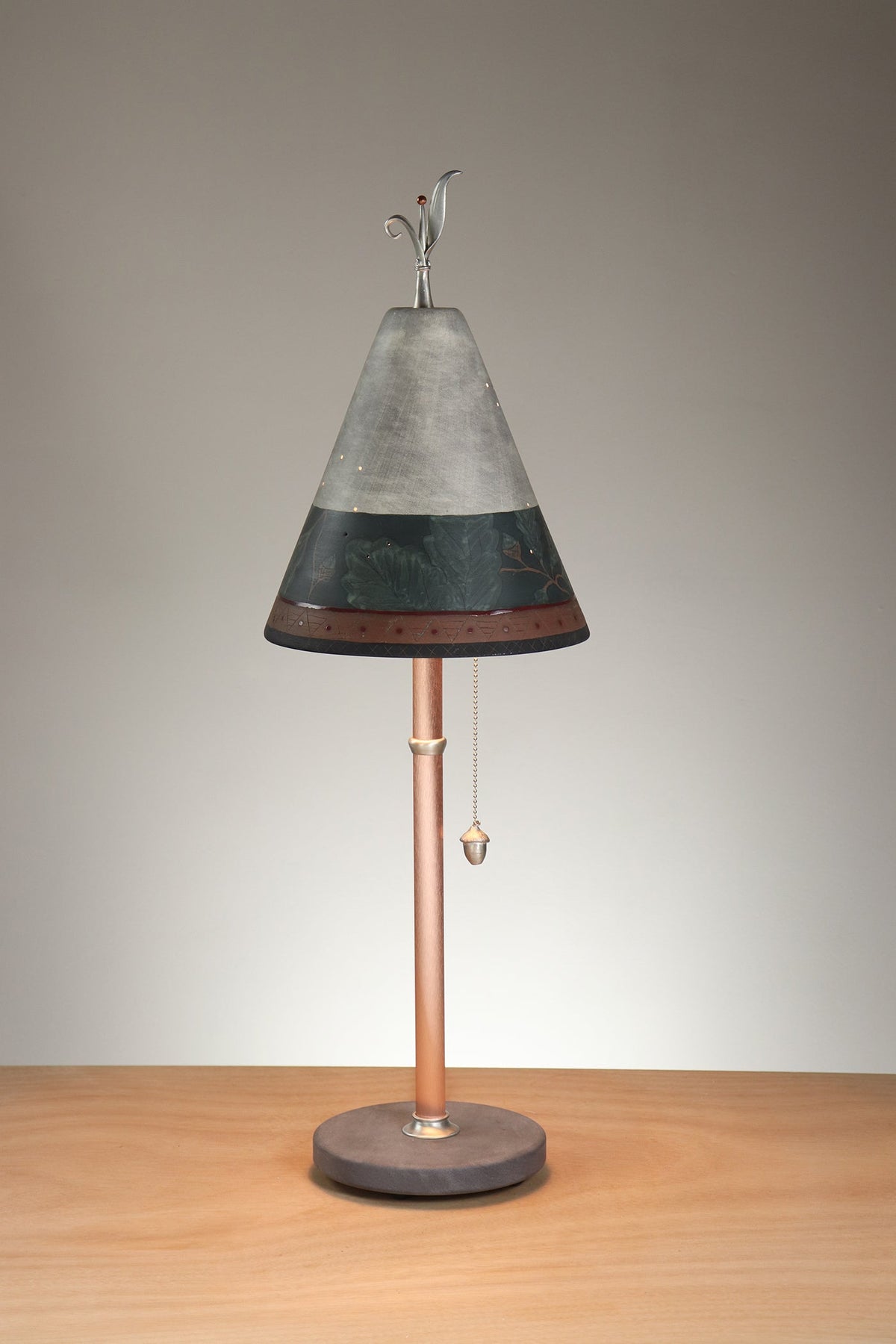 Janna Ugone &amp; Co Table Lamp Copper Table Lamp with Small Conical Ceramic Shade in Oak Border in Indigo and Ash