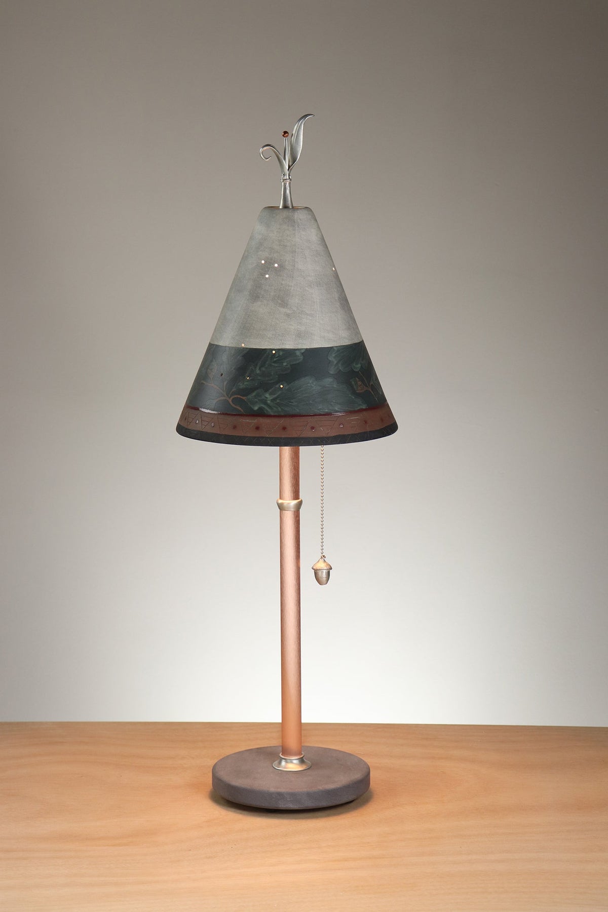 Janna Ugone &amp; Co Table Lamp Copper Table Lamp with Small Conical Ceramic Shade in Oak Border in Indigo and Ash