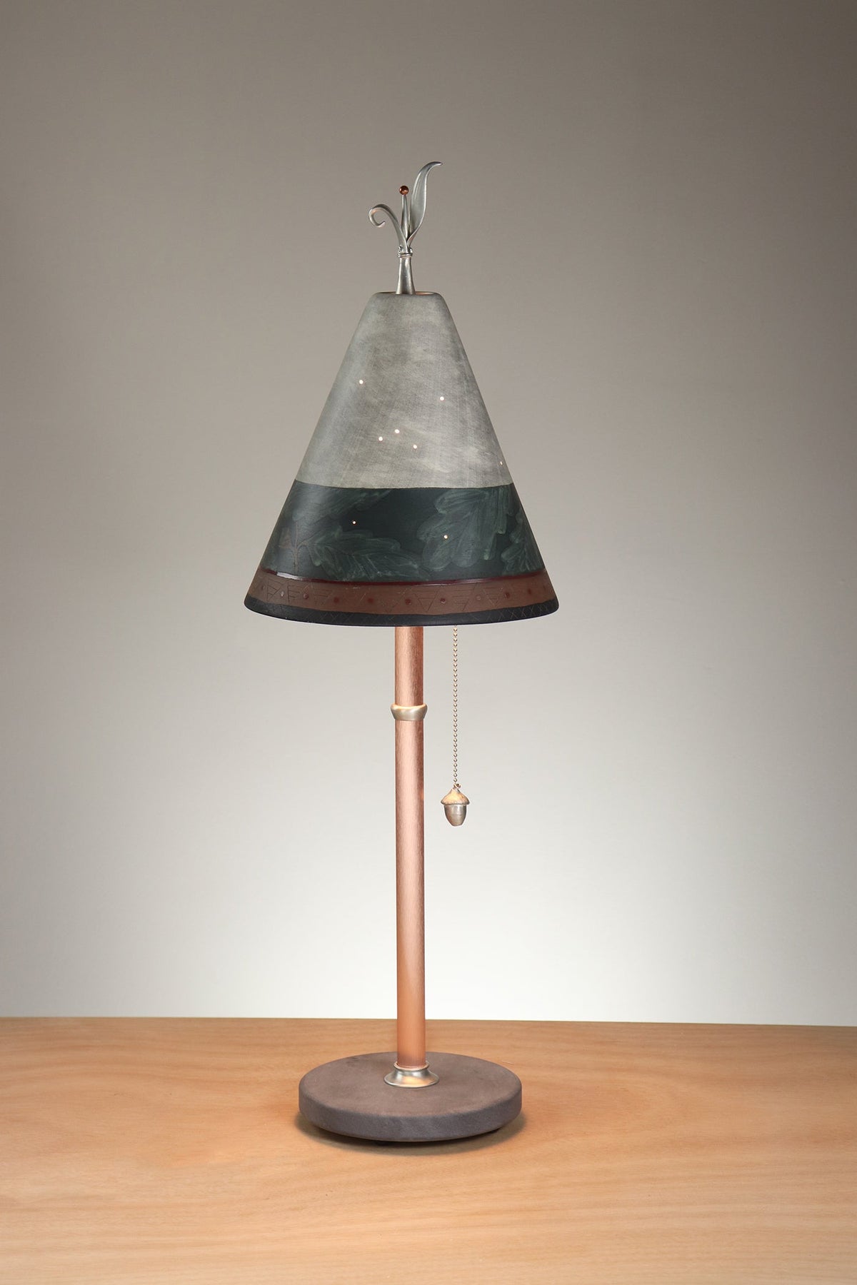 Janna Ugone &amp; Co Table Lamp Copper Table Lamp with Small Conical Ceramic Shade in Oak Border in Indigo and Ash
