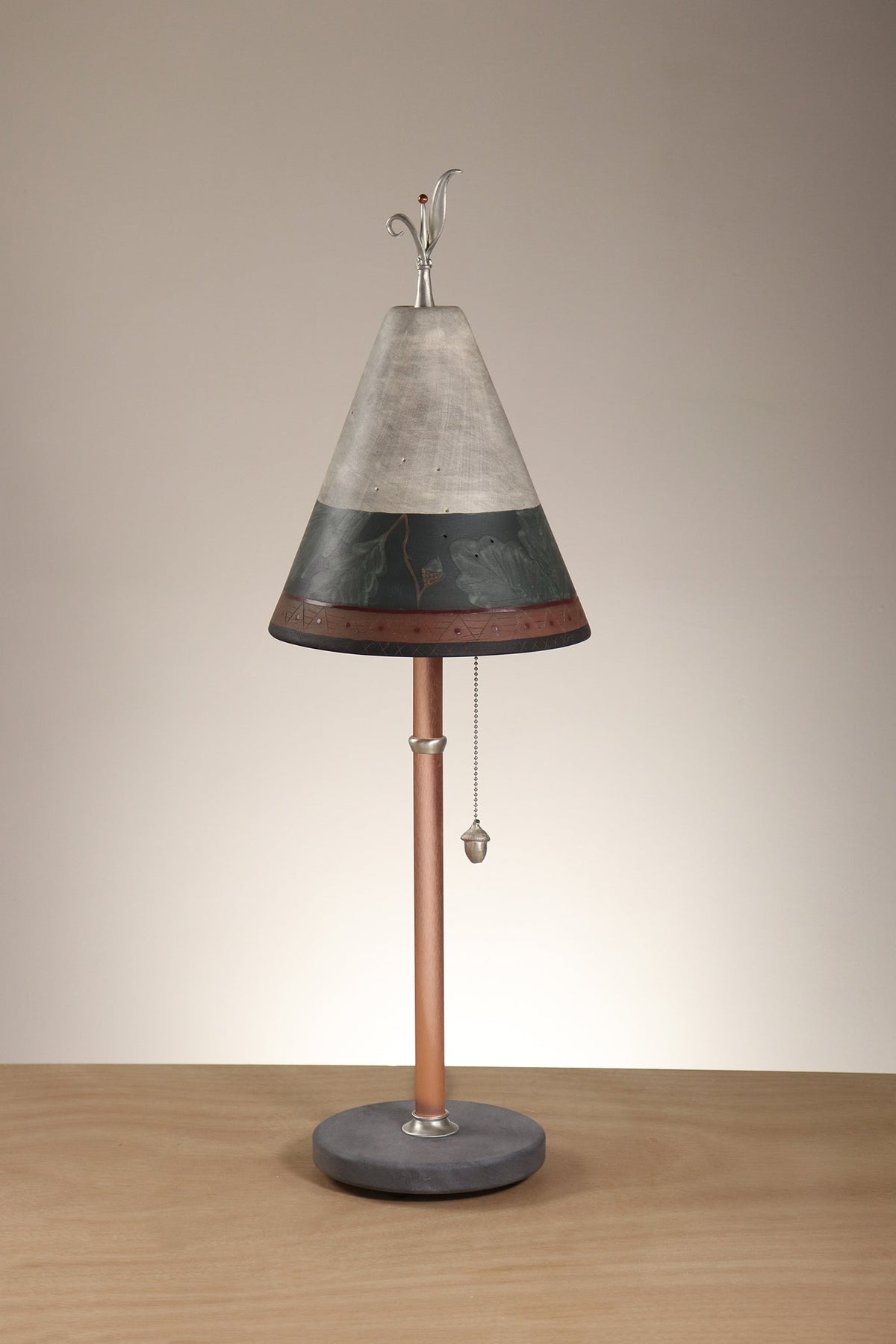 Janna Ugone &amp; Co Table Lamp Copper Table Lamp with Small Conical Ceramic Shade in Oak Border in Indigo and Ash