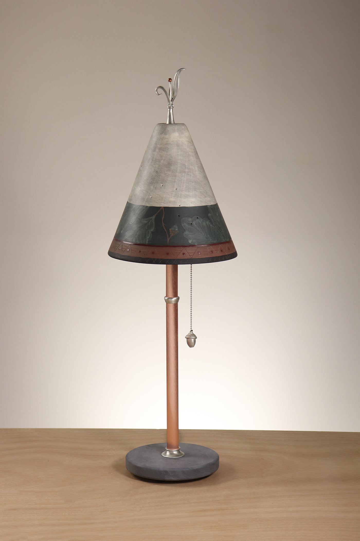 Janna Ugone & Co Table Lamp Copper Table Lamp with Small Conical Ceramic Shade in Oak Border in Indigo and Ash