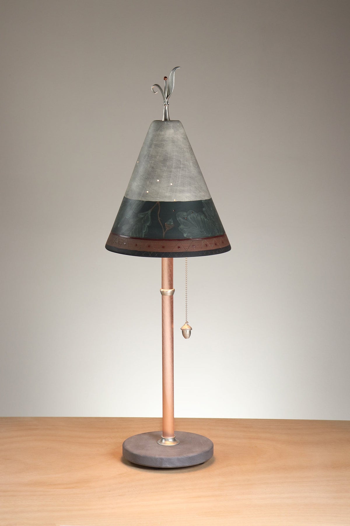 Janna Ugone &amp; Co Table Lamp Copper Table Lamp with Small Conical Ceramic Shade in Oak Border in Indigo and Ash