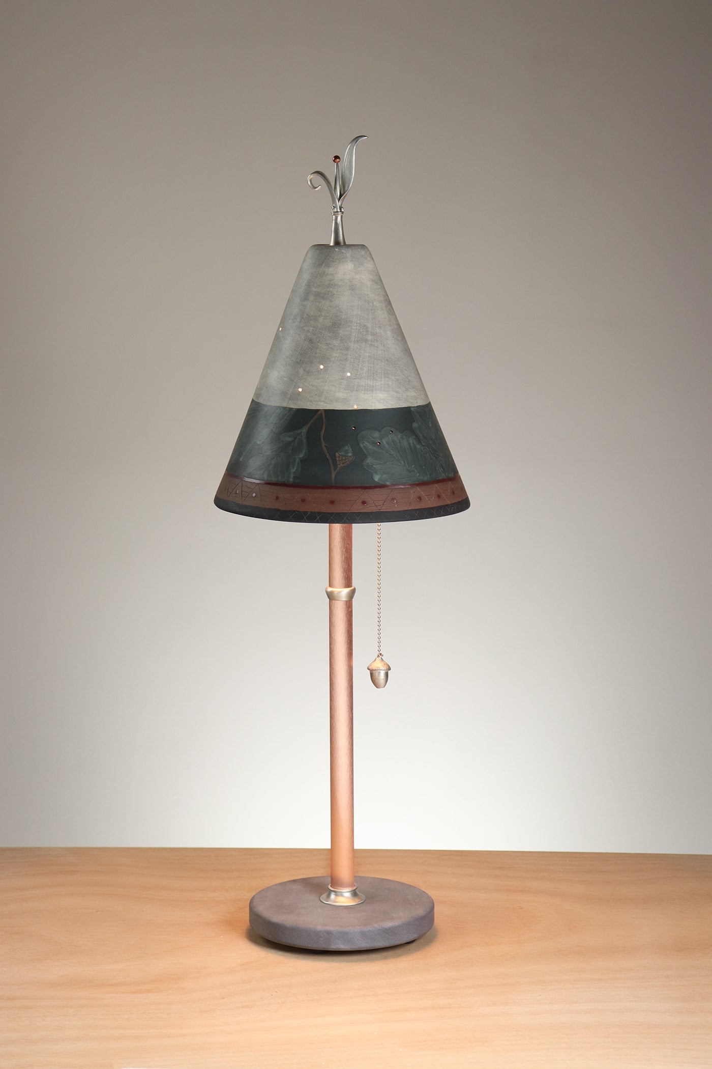 Janna Ugone & Co Table Lamp Copper Table Lamp with Small Conical Ceramic Shade in Oak Border in Indigo and Ash