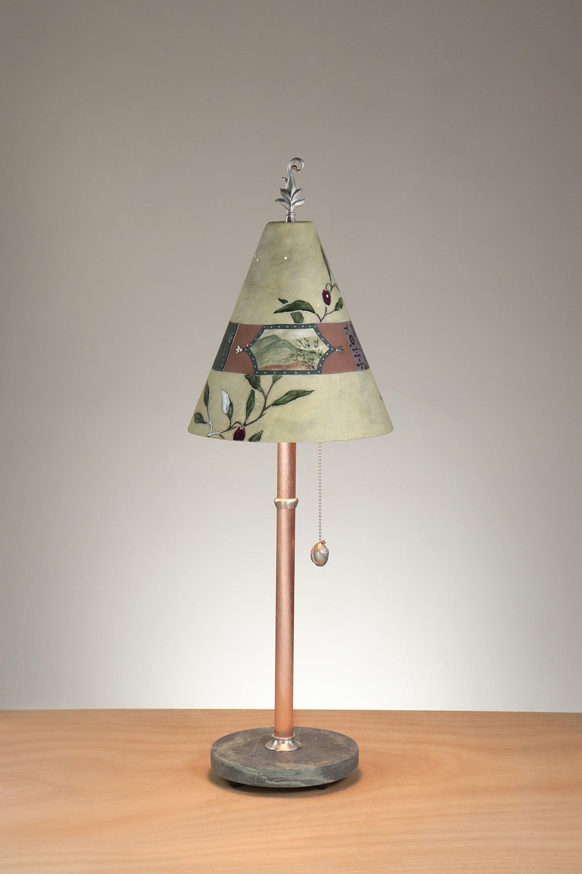 Janna Ugone &amp; Co Table Lamp Copper Table Lamp with Small Conical Ceramic Shade in Olive Branch in Amber