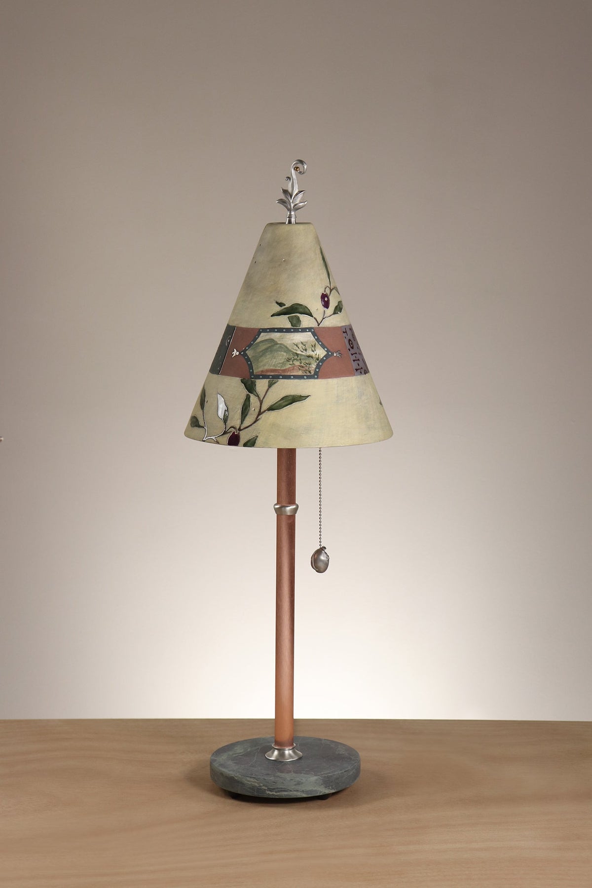 Janna Ugone &amp; Co Table Lamp Copper Table Lamp with Small Conical Ceramic Shade in Olive Branch in Amber