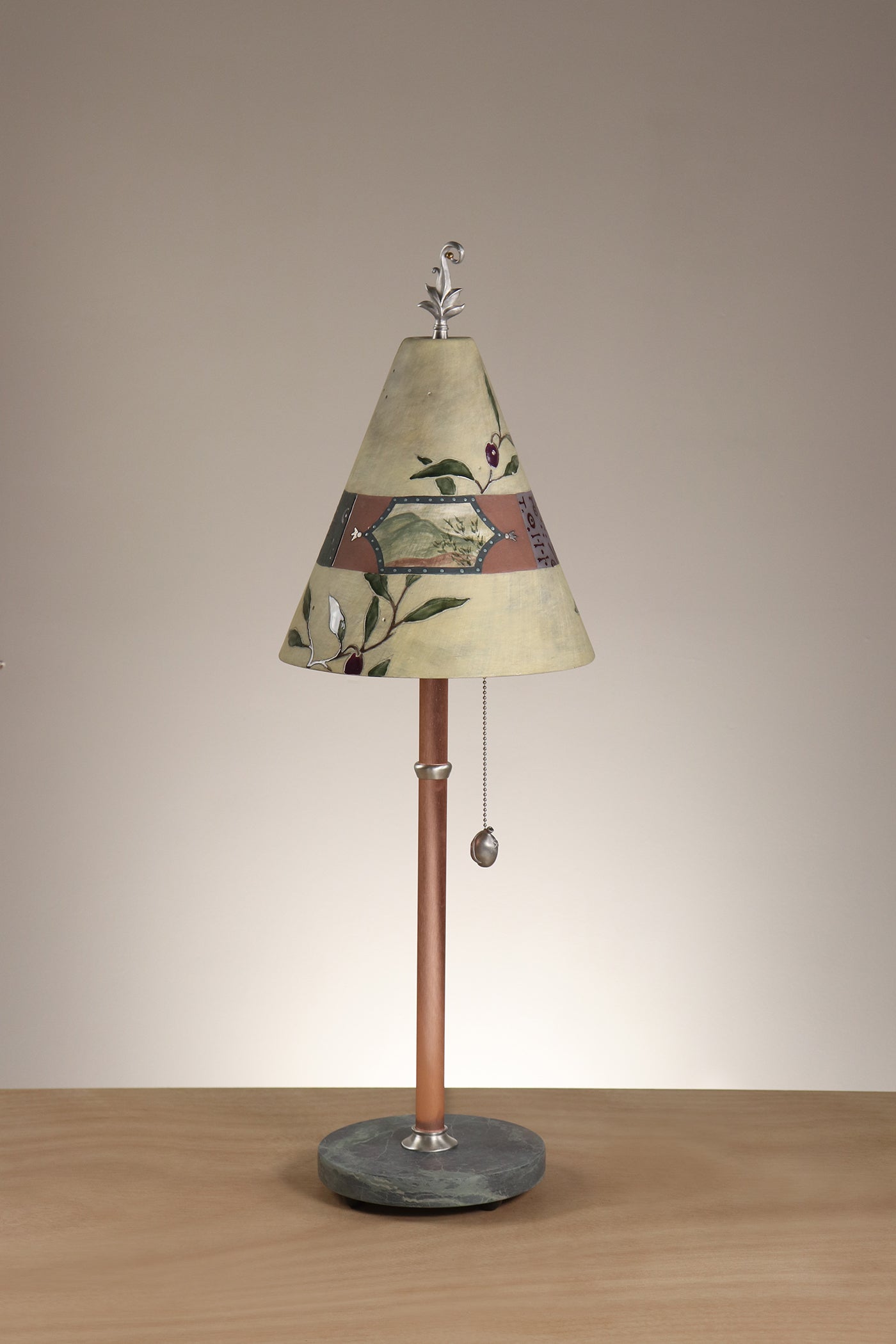 Janna Ugone & Co Table Lamp Copper Table Lamp with Small Conical Ceramic Shade in Olive Branch in Amber