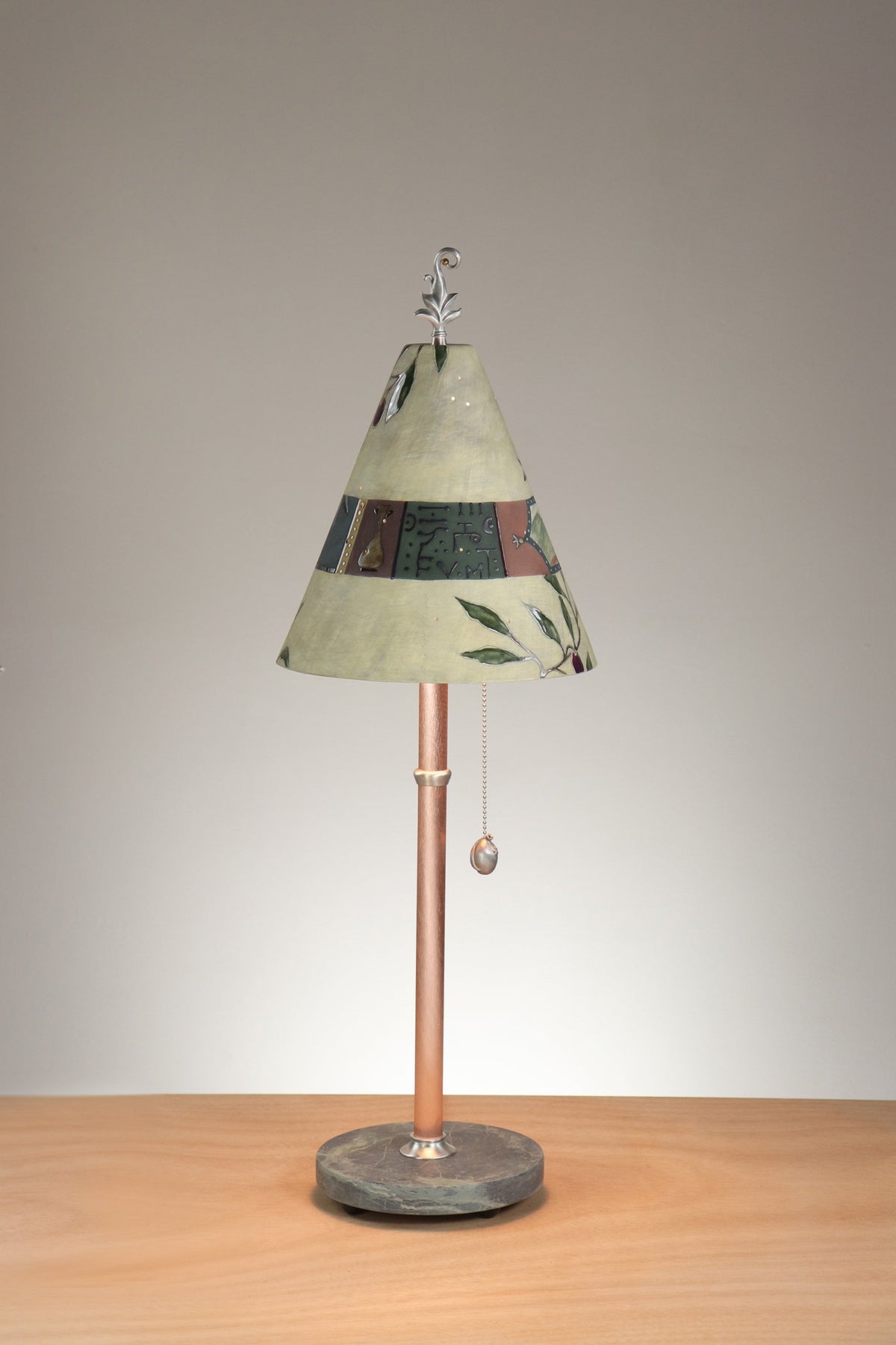 Janna Ugone &amp; Co Table Lamp Copper Table Lamp with Small Conical Ceramic Shade in Olive Branch in Amber