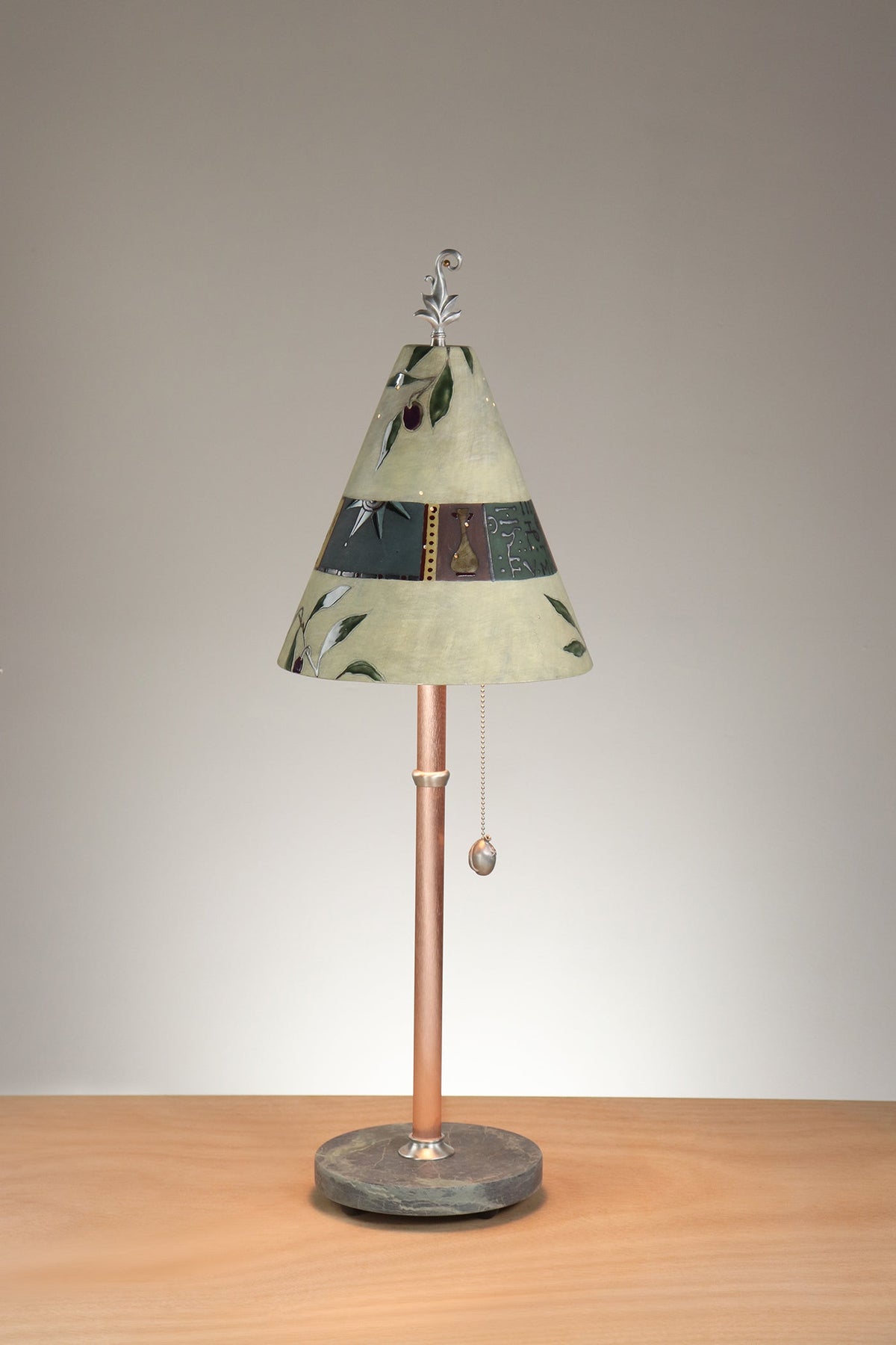 Janna Ugone &amp; Co Table Lamp Copper Table Lamp with Small Conical Ceramic Shade in Olive Branch in Amber