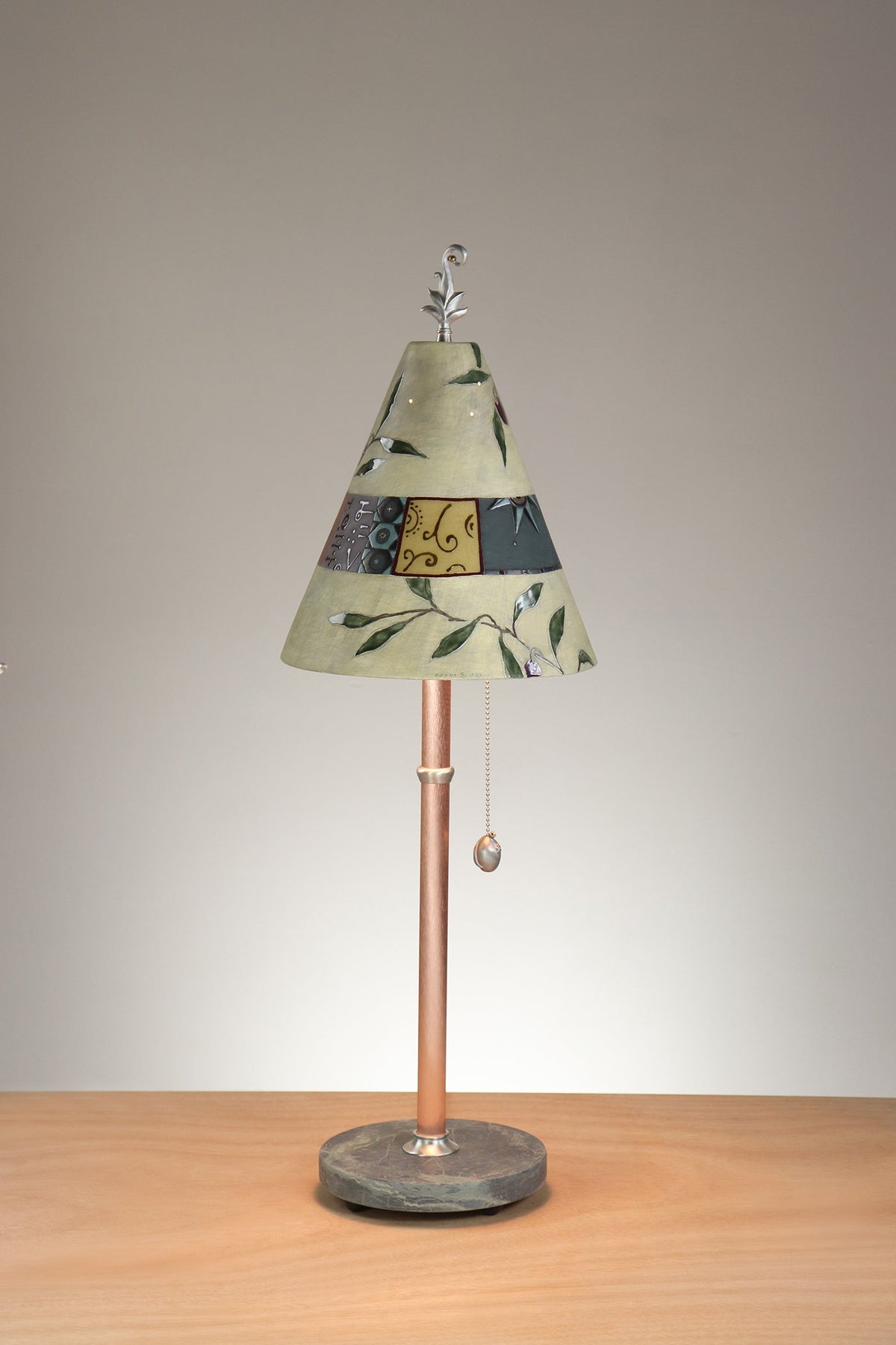 Janna Ugone &amp; Co Table Lamp Copper Table Lamp with Small Conical Ceramic Shade in Olive Branch in Amber