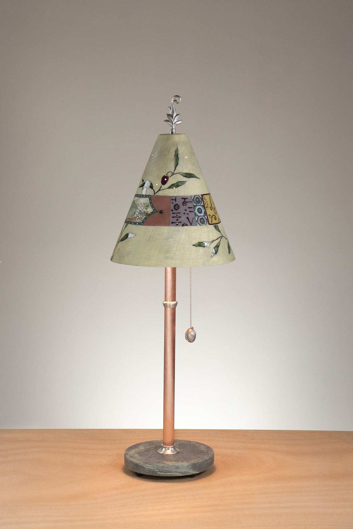 Janna Ugone &amp; Co Table Lamp Copper Table Lamp with Small Conical Ceramic Shade in Olive Branch in Amber