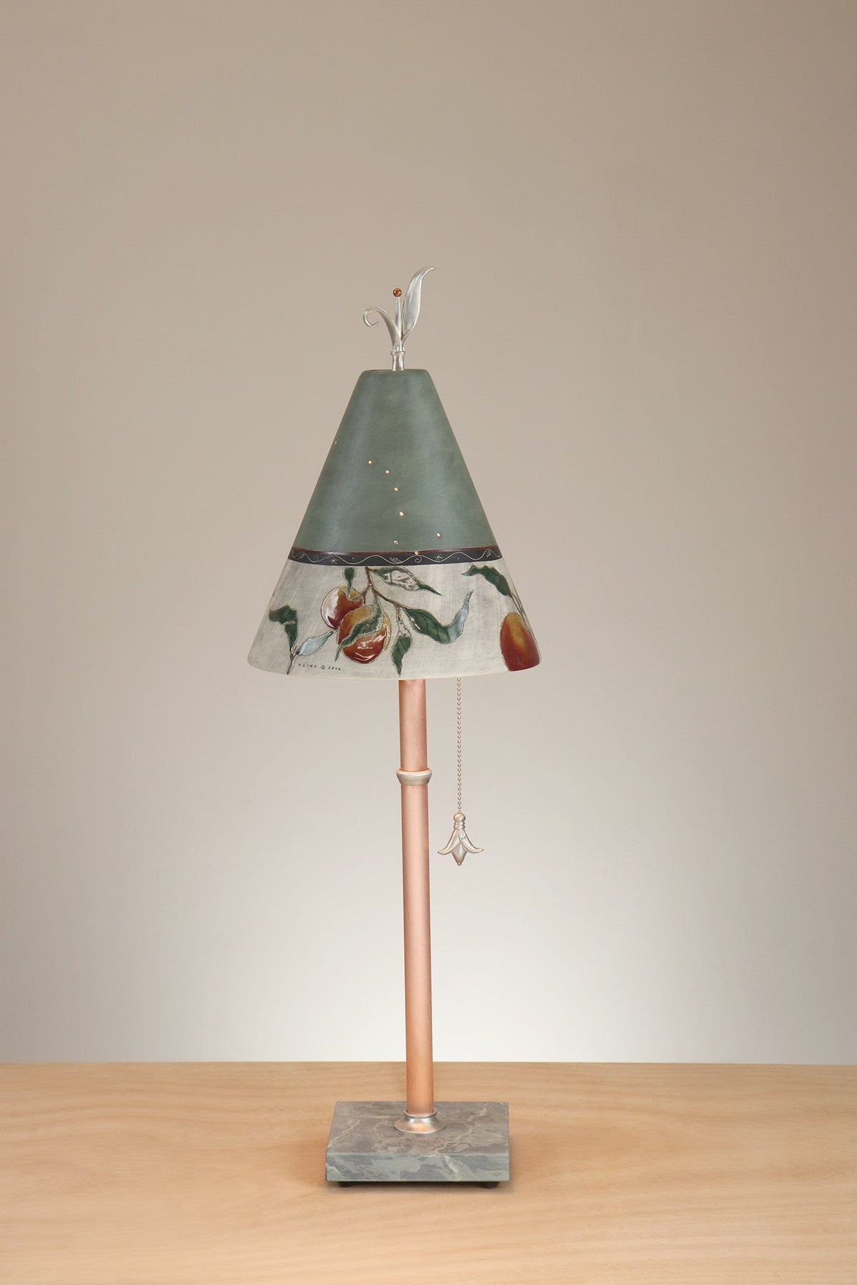 Janna Ugone &amp; Co Table Lamp Copper Table Lamp with Small Conical Ceramic Shade in Peach Border in Sage