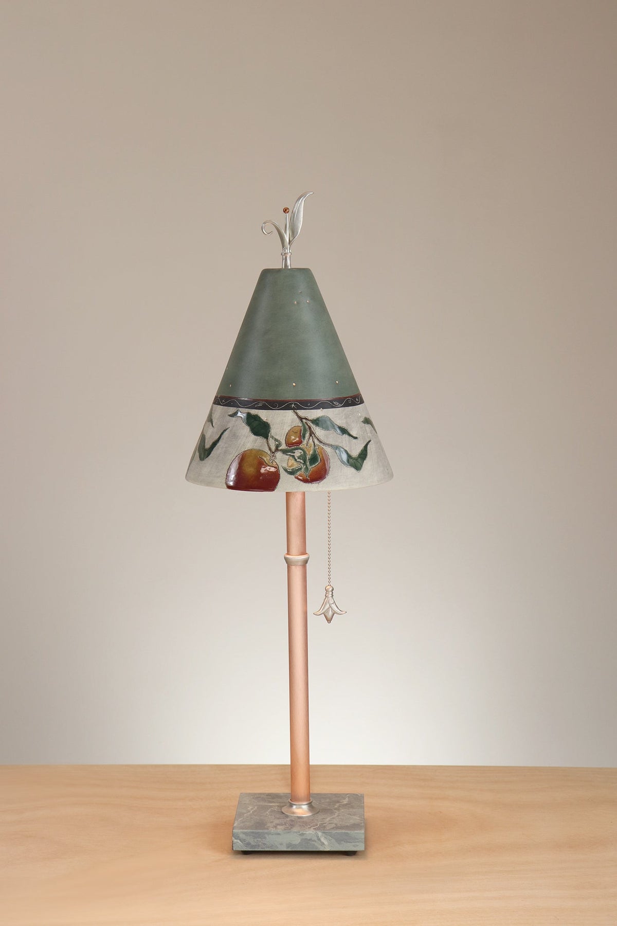 Janna Ugone &amp; Co Table Lamp Copper Table Lamp with Small Conical Ceramic Shade in Peach Border in Sage