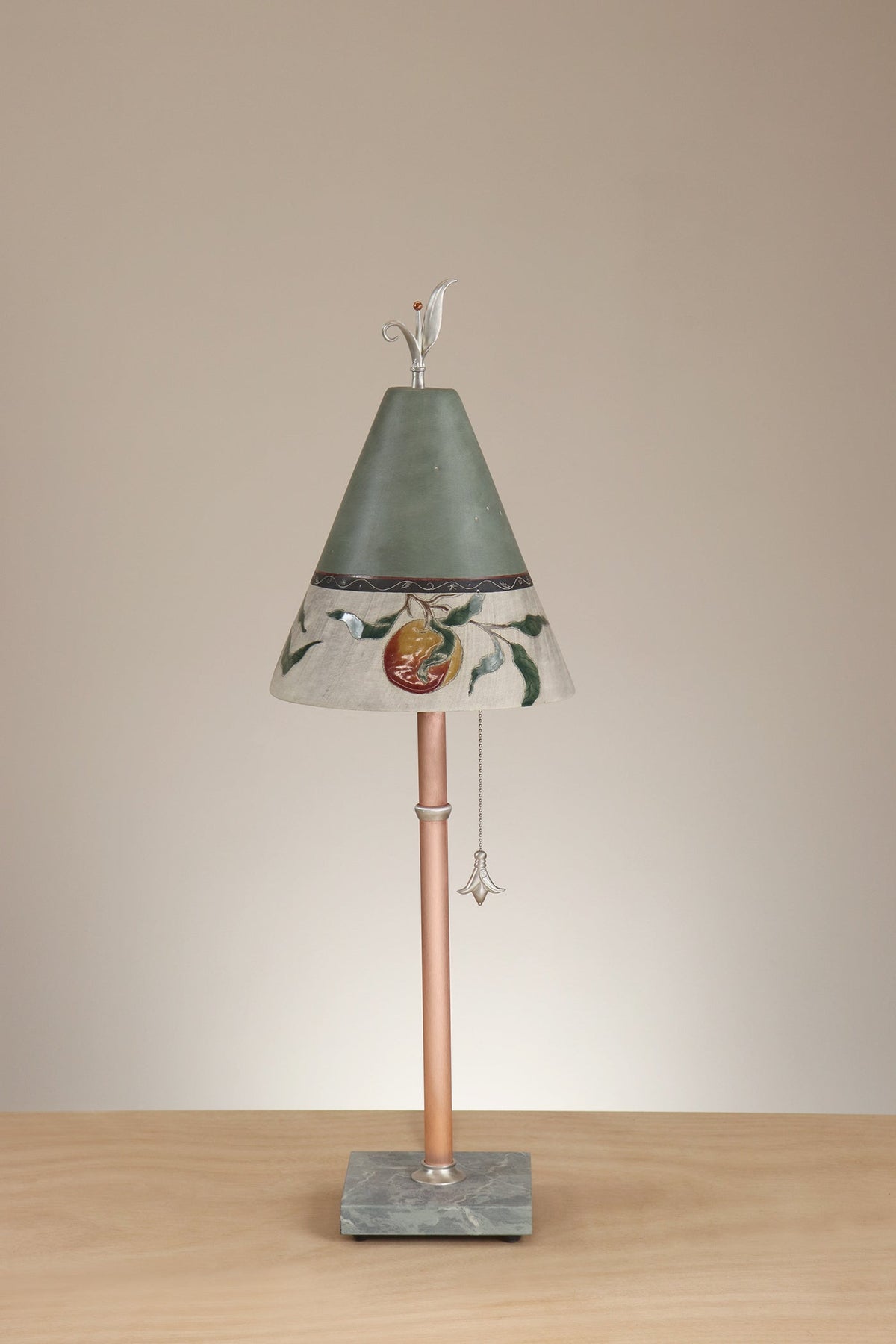 Janna Ugone &amp; Co Table Lamp Copper Table Lamp with Small Conical Ceramic Shade in Peach Border in Sage