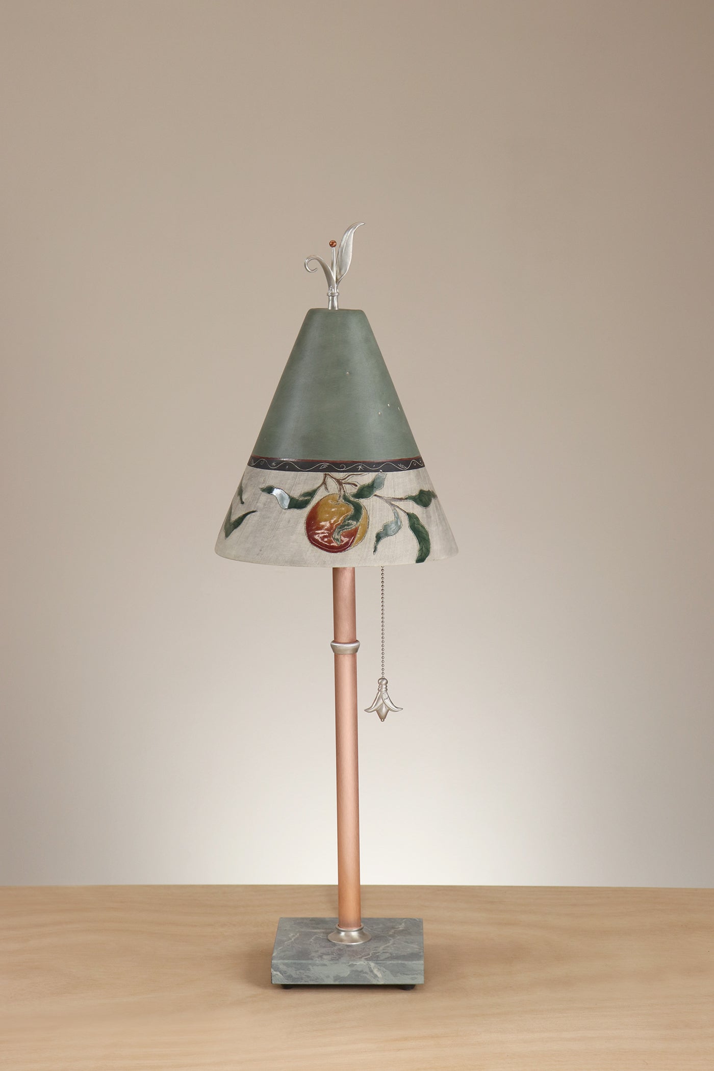 Janna Ugone & Co Table Lamp Copper Table Lamp with Small Conical Ceramic Shade in Peach Border in Sage