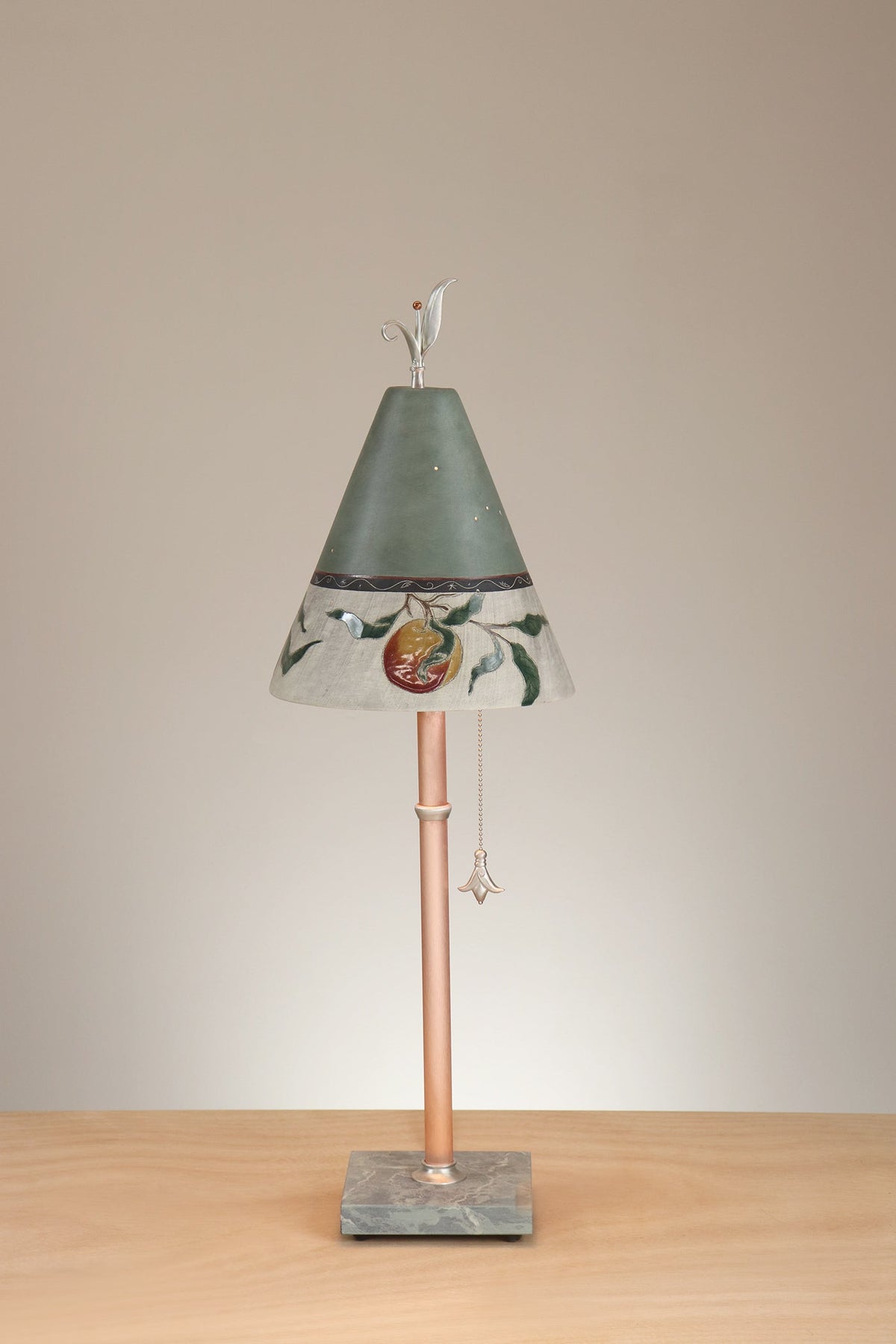 Janna Ugone &amp; Co Table Lamp Copper Table Lamp with Small Conical Ceramic Shade in Peach Border in Sage