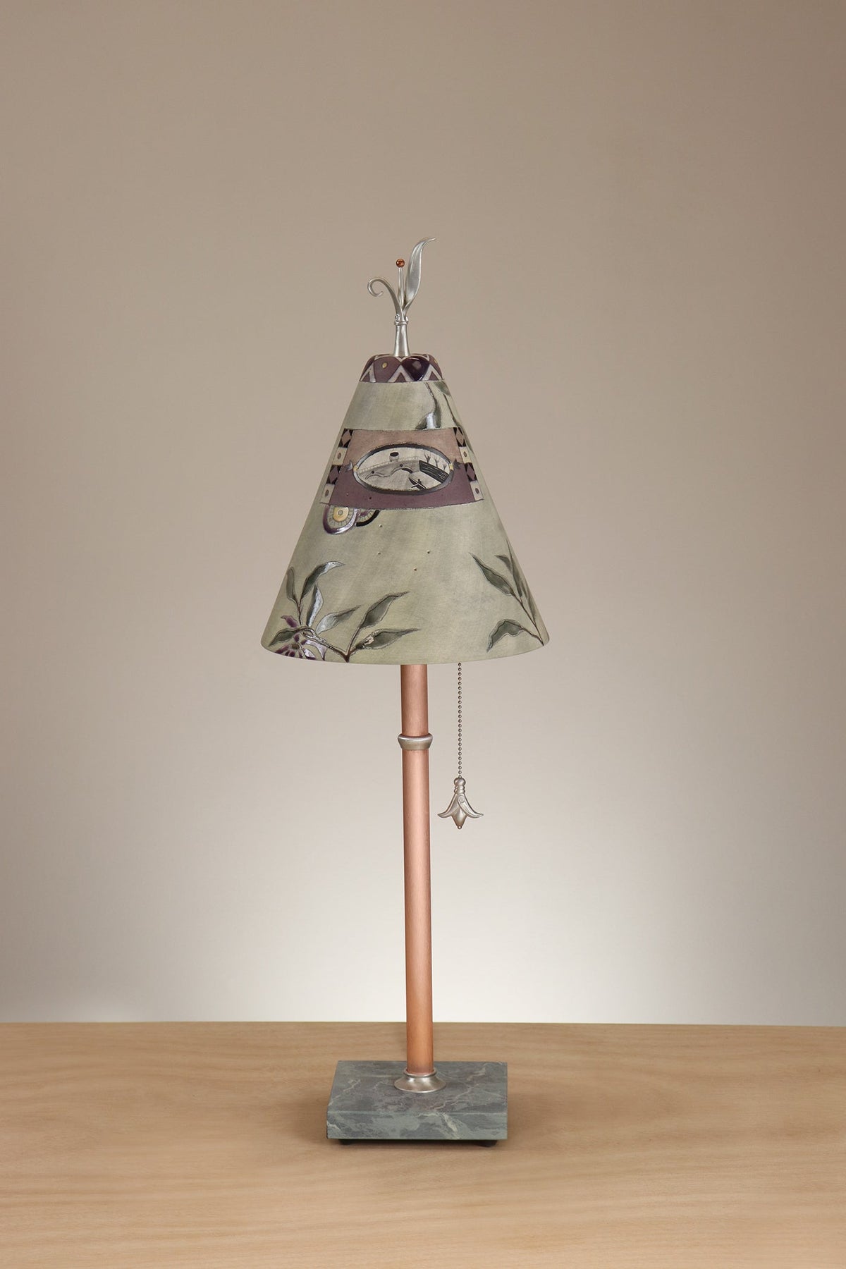 Janna Ugone &amp; Co Table Lamp Copper Table Lamp with Small Conical Ceramic Shade in Photos in Asters and Sage